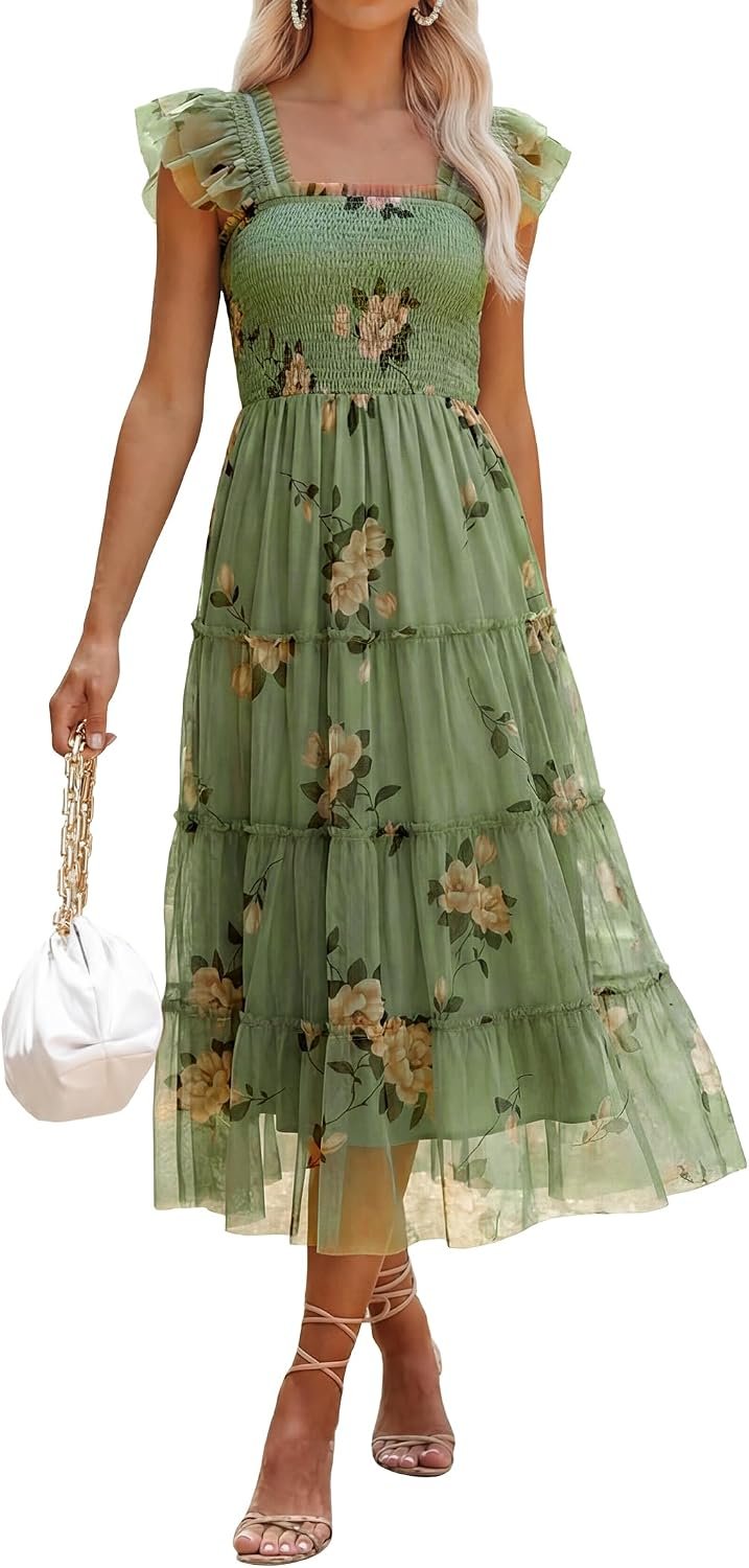 ANRABESS Women Summer Floral Midi Dress Sleeveless Boho Flowy Smocked RuffleTulle Beach Vacation Wedding Guest Party Dresses