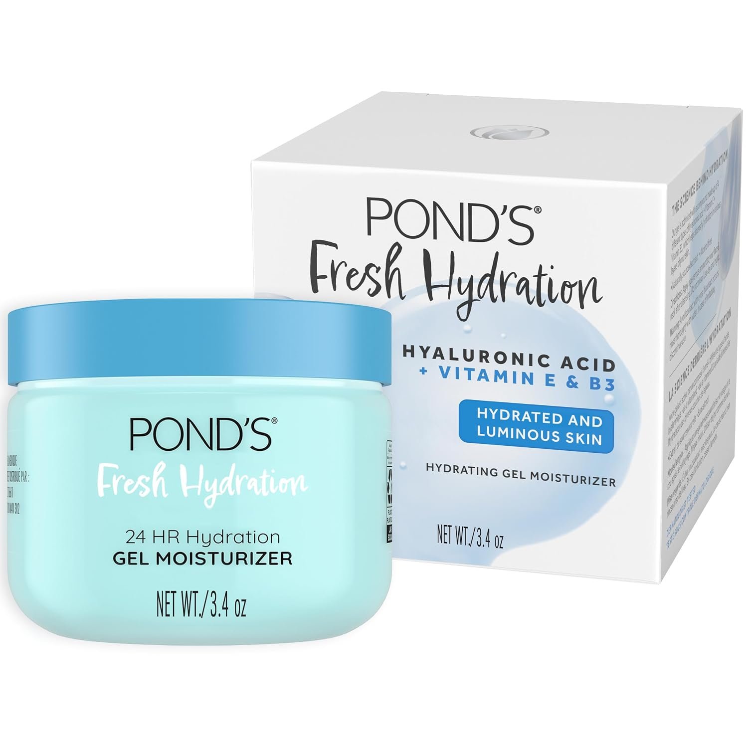 POND’S Fresh Hydration Gel Face Moisturizer, 24HR Hydration with Hyaluronic Acid, Vitamin E & B3 Niacinamide, Alcohol-Free, Oil-Free, Dermatologist Tested, 3.4 oz
