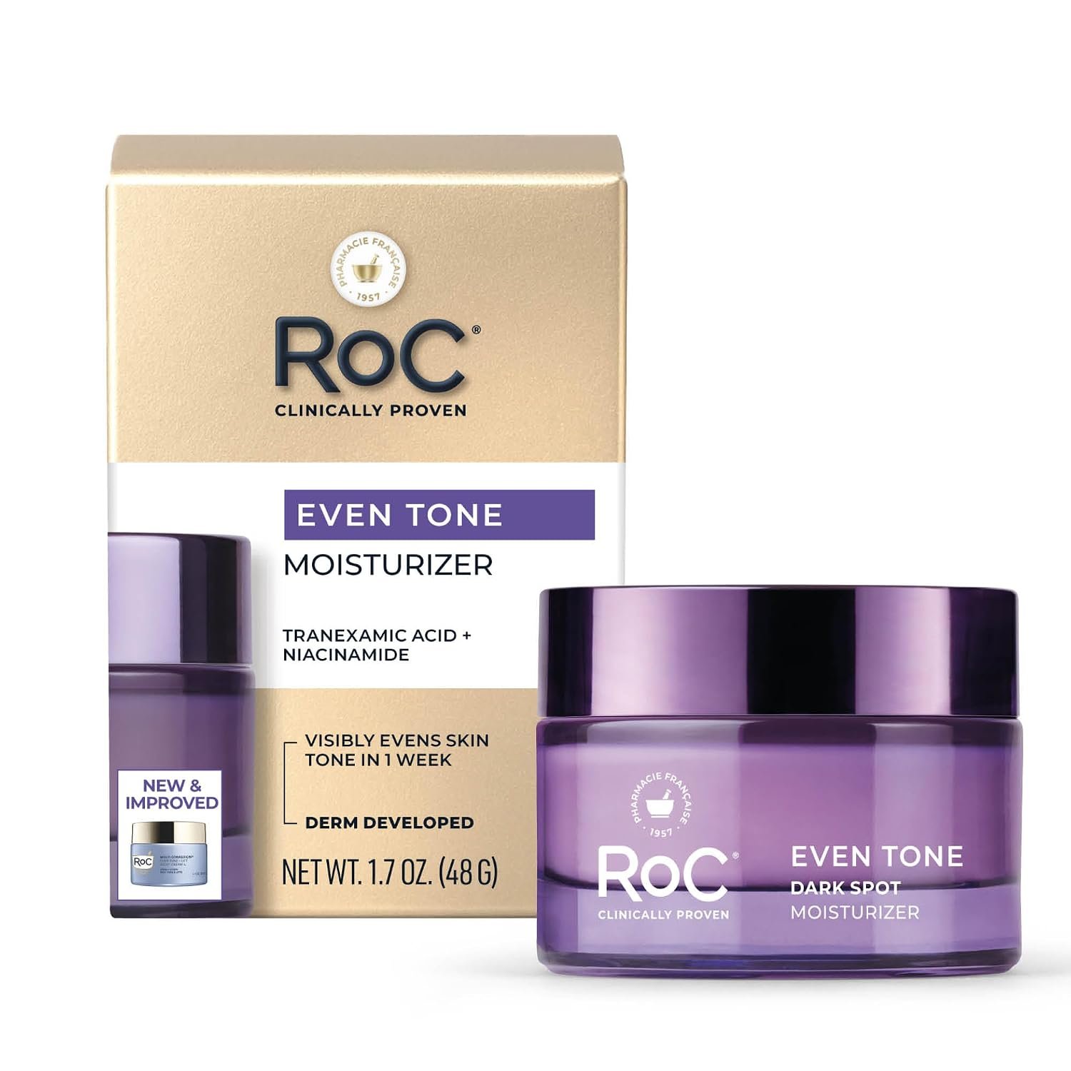 RoC Even Tone + Lift Moisturizing Night Cream, (New Look, Same Formula), Anti Aging, Formula for Dark Spots & Discoloration, Hydrating Skin Tone Corrector for Face & Neck (Packaging May Vary) – 1.7 oz