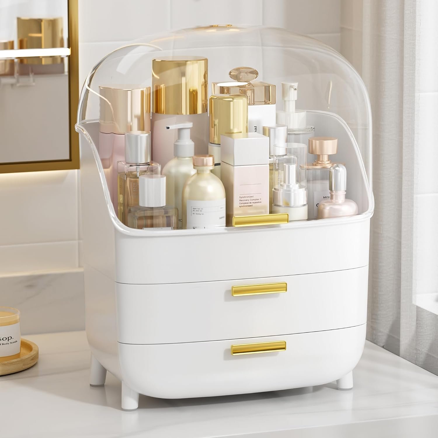 Vtopmart 3-Tier Skincare Makeup Organizer with Drawer and LId, White | With Drawers and Lid, For Vanity, Dresser and Bathroom Countertop, Large Cosmetic Storage Box Case, Non-Slip Base