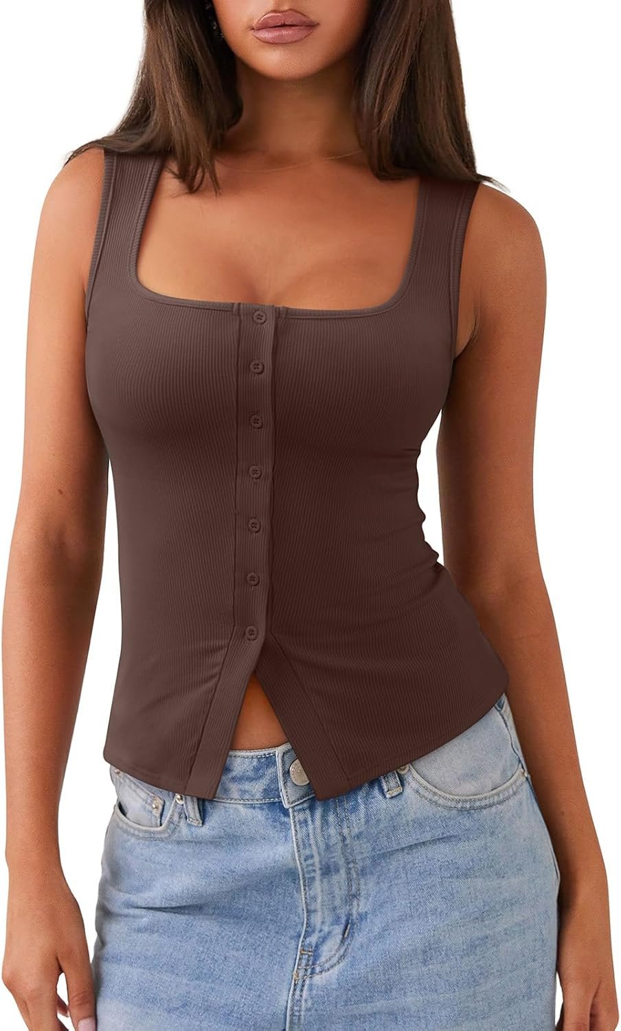REORIA Womens Going Out Top Cute Ribbed Button Down Square Vest Crop Tank | Trendy Y2K,Cute Sleeveless Outfits,Daily,Casual,Work,Classic,Club,Party,Concert,Vacation,Office Tee,Summer All Day Wear