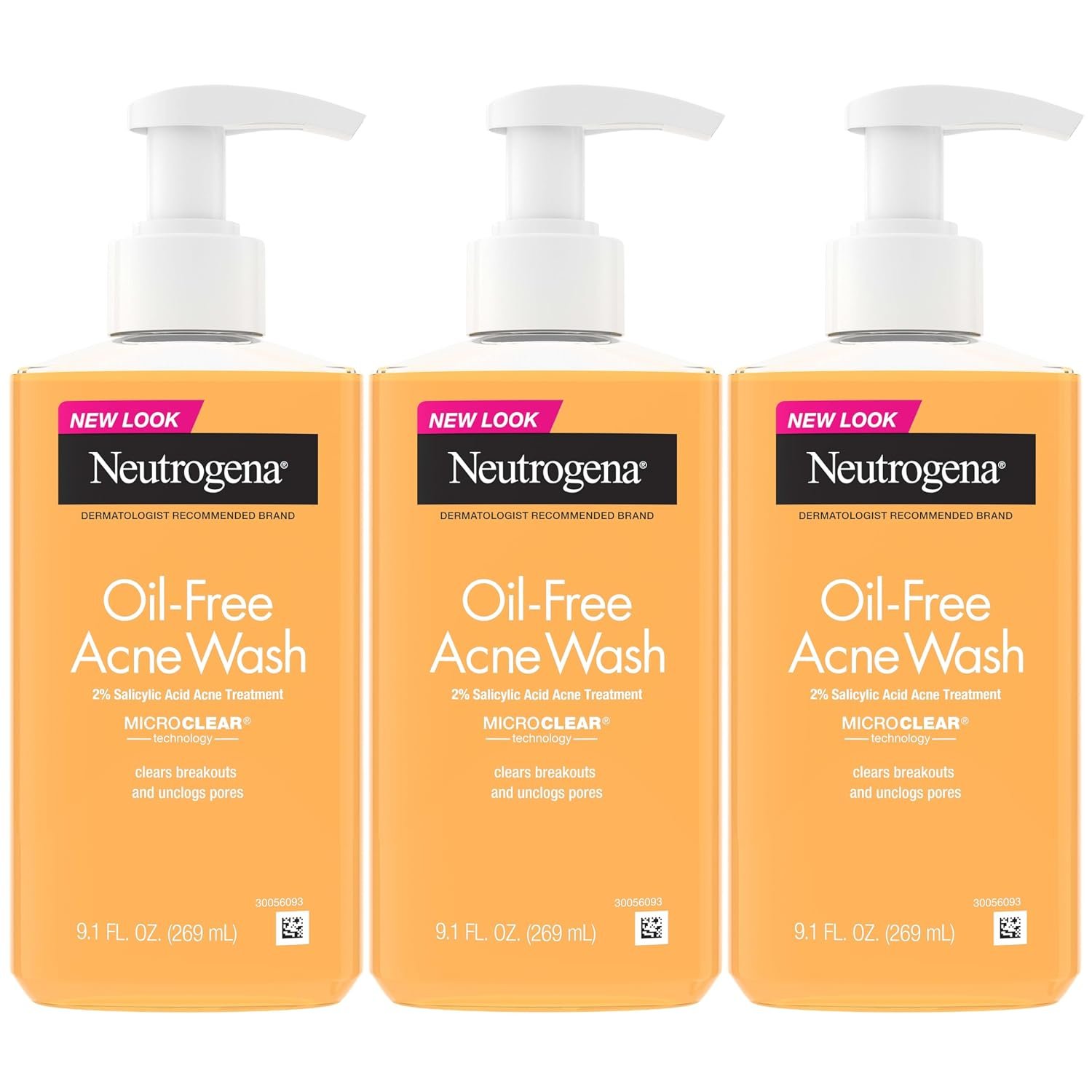 Neutrogena Oil Free Acne Face Wash, 9.1 fl. oz, 3 Pack | Salicylic Acid, Noncomedogenic, Residue-Free Facial Cleanser, Suitable for Oily Skin, Easy-Pump Bottles