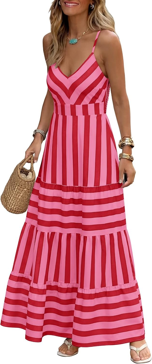 Caracilia Women’s Gingham Striped Smocked Maxi Dress | Spaghetti Strap,Pockets,V Neck A-Line ,Checkered Plaid, Boho Casual,Beach Vacation Resort Cruise Outfits,Summer Fall Clothes