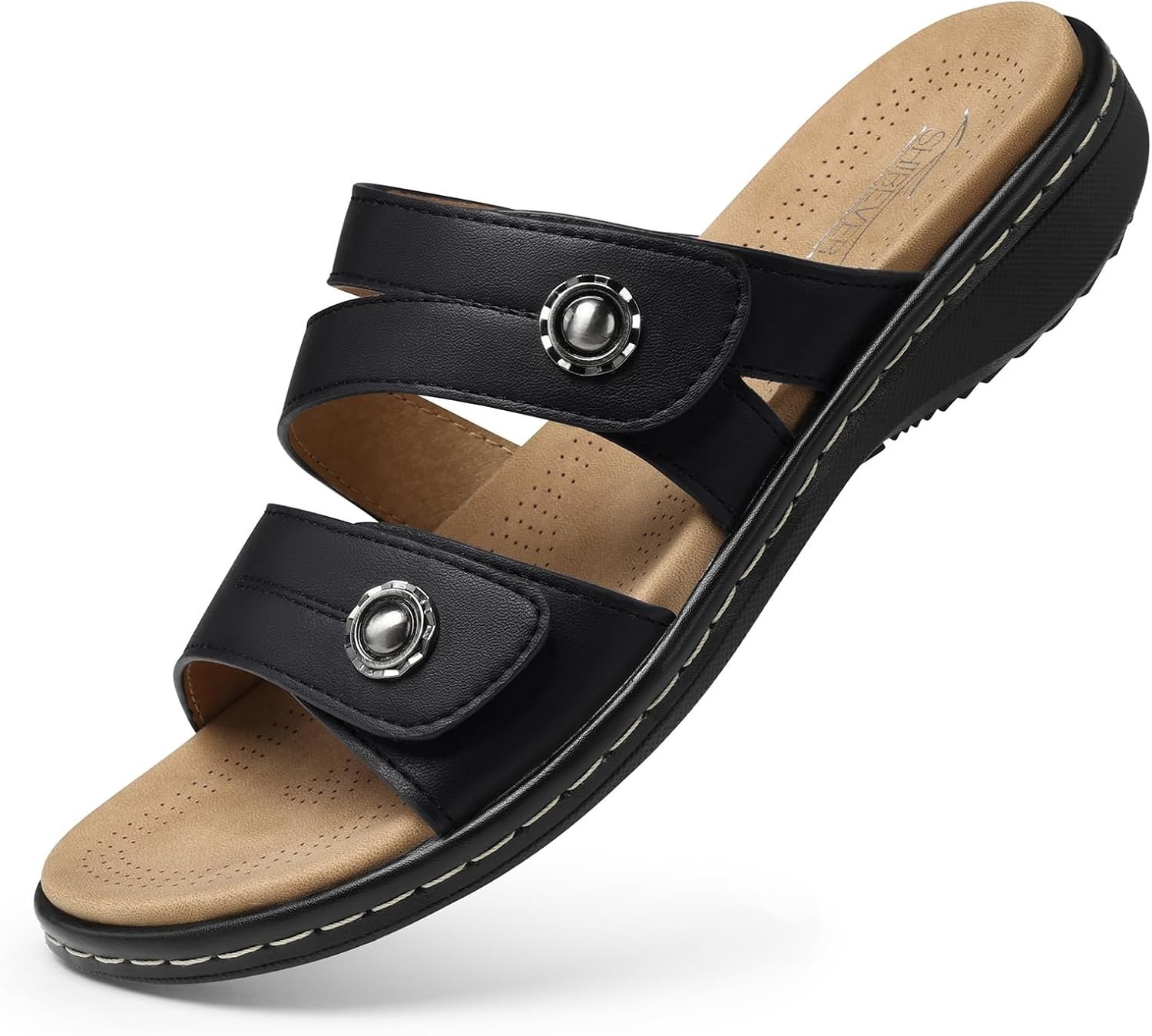 SHIBEVER Women Dressy Flat Sandals: Comfortable Arch Support Sandal | Non Slip Orthopedic Slip On Flats – Adjustable Fit Wide Feet – Summer All Day Standing Walking Sandal
