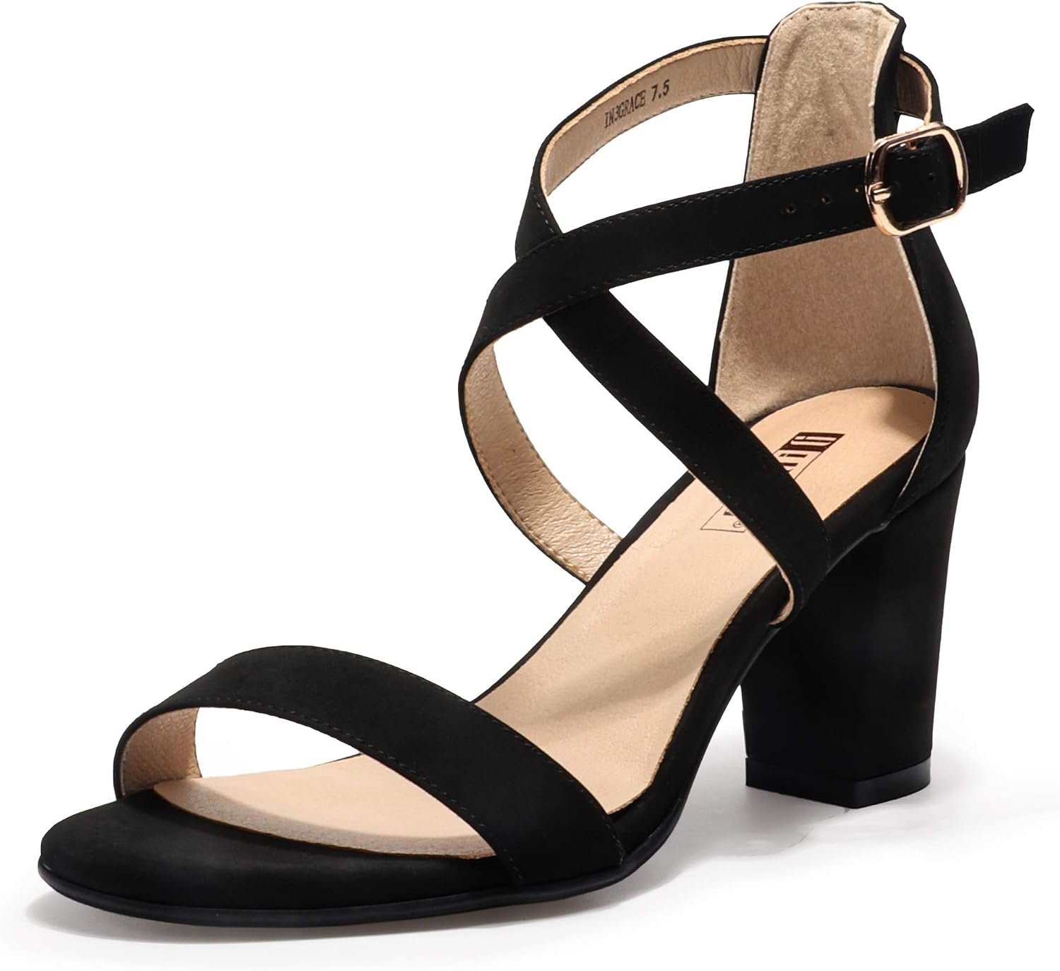 IDIFU Women’s Navy Blue Strappy Chunky Block Heels Open Toe Heeled Sandals | Dressy Cross Strap 3 Inch High Thick Heel, Comfortable Dress Shoes for Women Wedding Bridal Prom Evening Homecoming Formal