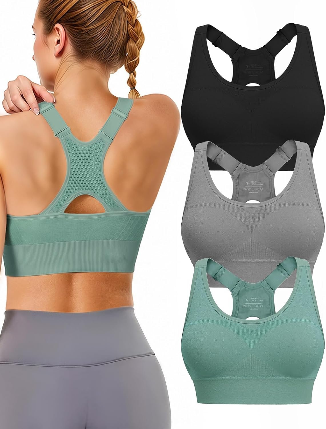 Adjustable Sports Bras for Women High Support, Padded Racerback Bra | 3 Pack High Impact Plus Size Supportive Push up Sport Bra for Large Bust Workout Running Gym Yoga
