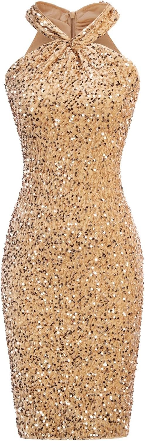 GRACE KARIN Women Short Sequin Dress,Sparkly Cocktail Bodycon Dresses | Sleeveless,Halter,Velvet,Glitter,Sheath,Mini,Knee Length,Suitable for Spring,Fall,Winter,Party,Festival,Club,Gift