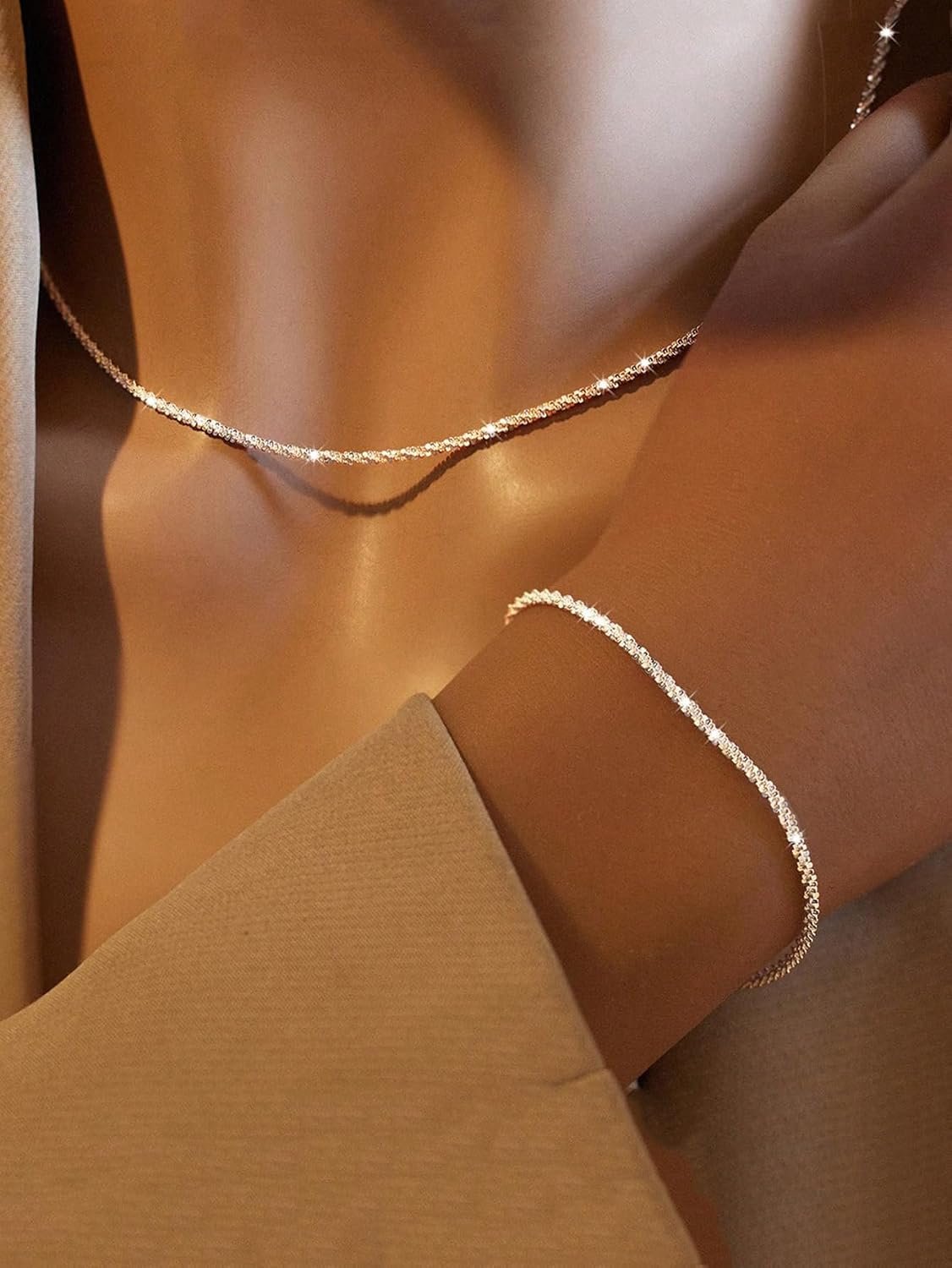 Necklace and Bracelet Set, Minimalist Twisted Chain, 2-Piece, Silver-Tone | Copper construction, 36 cm necklace with 6.5 cm extender, 18 cm bracelet with 6 cm extender, designed for daily wear