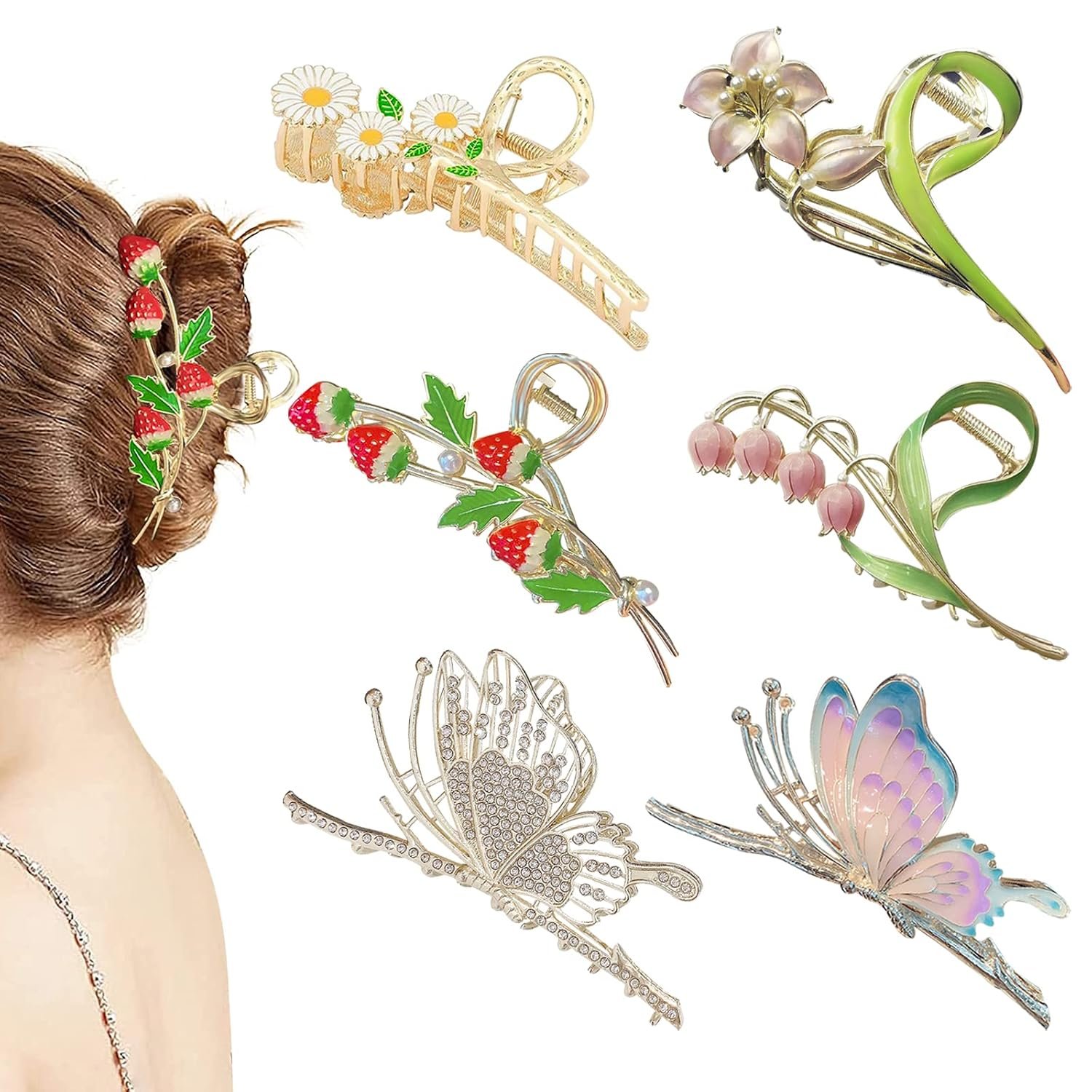 6 Pcs Hair Claw Clips for Women 4.3 Inch Large Strong Butterfly Flower Claw | Butterfly Hair Clips, Thin Thick Curly Hair, Meta No Slip Hair Accessories