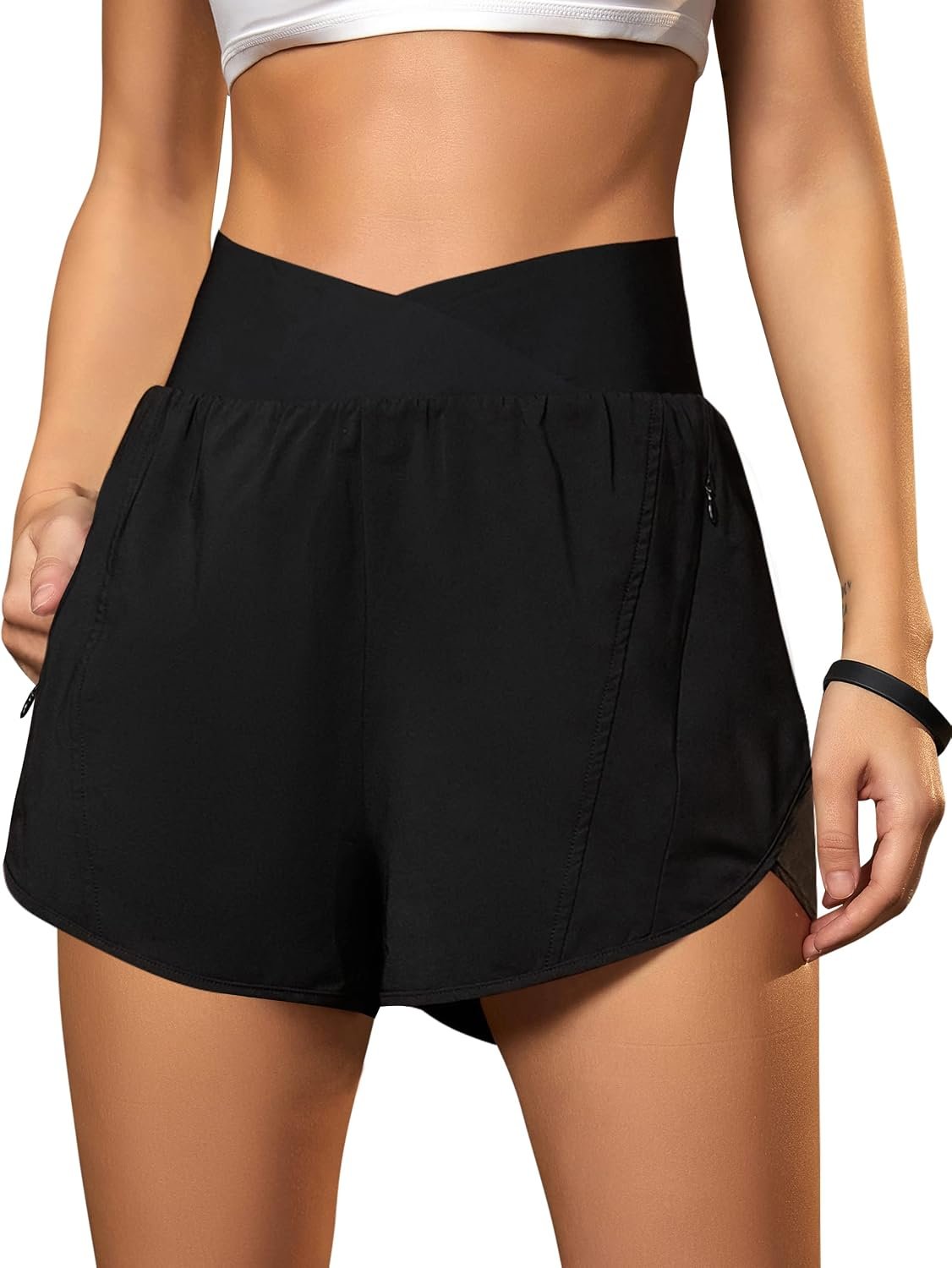 Blooming Jelly Women’s Athletic Running Shorts Crossover Gym Workout Shorts | Stretchy High Waisted, Tummy Control, Pockets, Quick Dry, 2.8″, Summer Fitness Clothing, for Sports, Exercise, Hiking, Yoga
