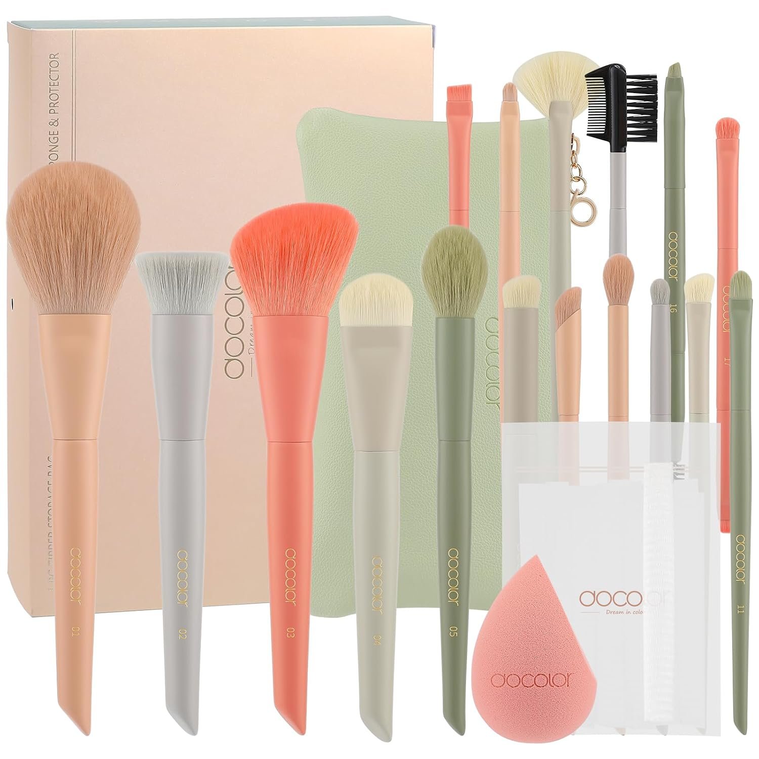 Docolor Makeup Brushes 17+2 Pcs with Makeup Bag and Makeup Sponge and Brush Protector Morandi Makeup Brush Set Premium Synthetic hair makeup brush Wooden handle Gift Box