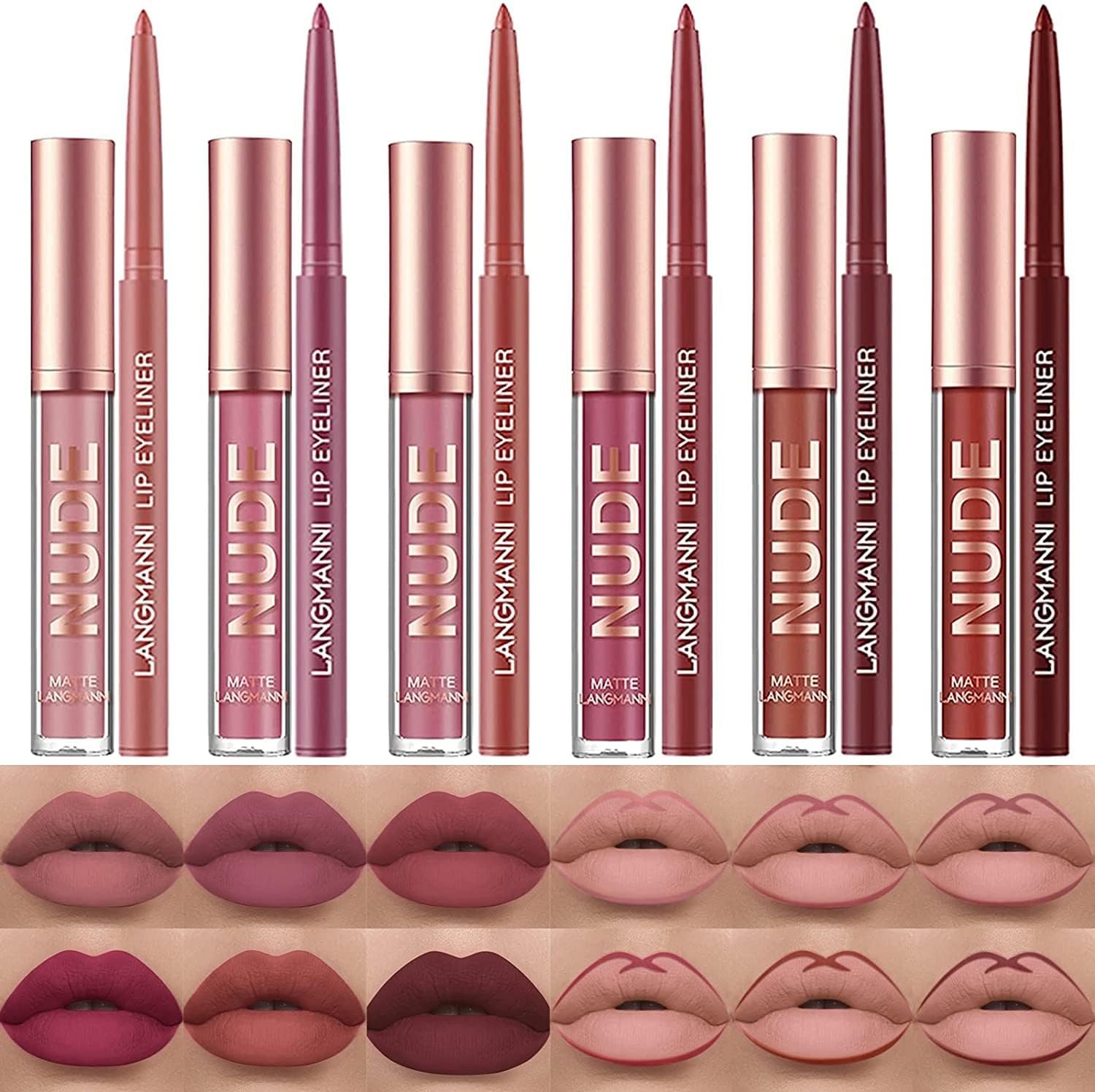 LANGMANNI 6 Matte Lipstick with 6 Lipliners Durable Makeup Set,Long-Lasting Non-Stick Cup Not Fade Waterproof Pigmented Velvet Lipgloss Kit Beauty Cosmetics Makeup Gift for Women (#A)
