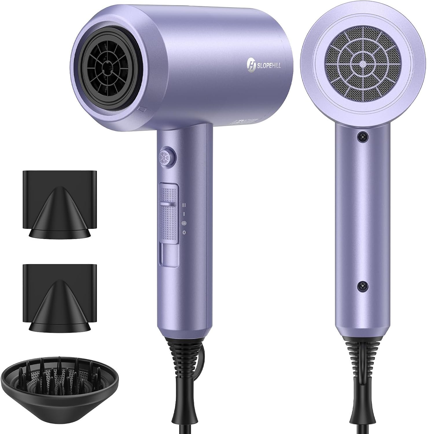 slopehill Professional Ionic Hair Dryer, Lavender | 1800W Fast Drying, Low Noise, 2 Concentrator Nozzles, 1 Diffuser Attachment