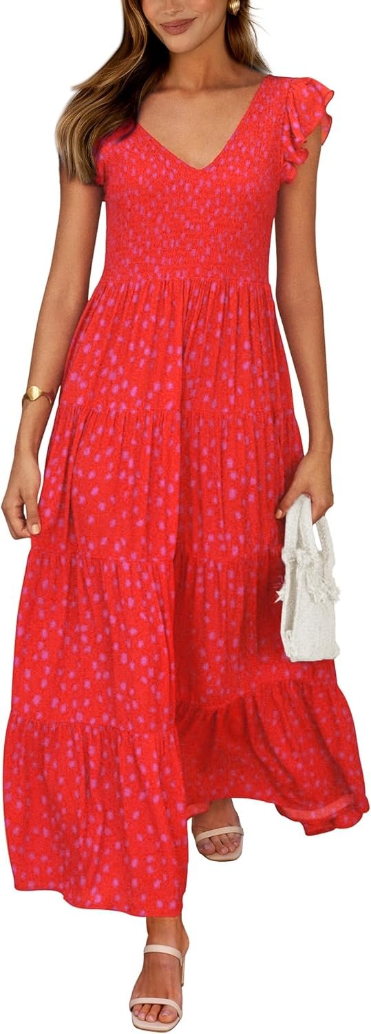 PRETTYGARDEN Women’s Summer Smocked Flowy Maxi Dress | Boho Floral, Cap Sleeve V Neck, Tiered A Line, Fit and Flare, Long Sundresses, Wedding Guest Party, Beach Vacation Outfits