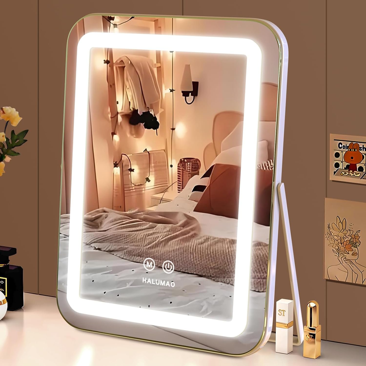 halumao Vanity Mirror with Lights, 14.5″ Light Up Makeup Mirror, LED Makeup Mirror with Lights for Bedroom Tabletop, Smart Touch Control 3 Colors Dimmable, 360° Rotation