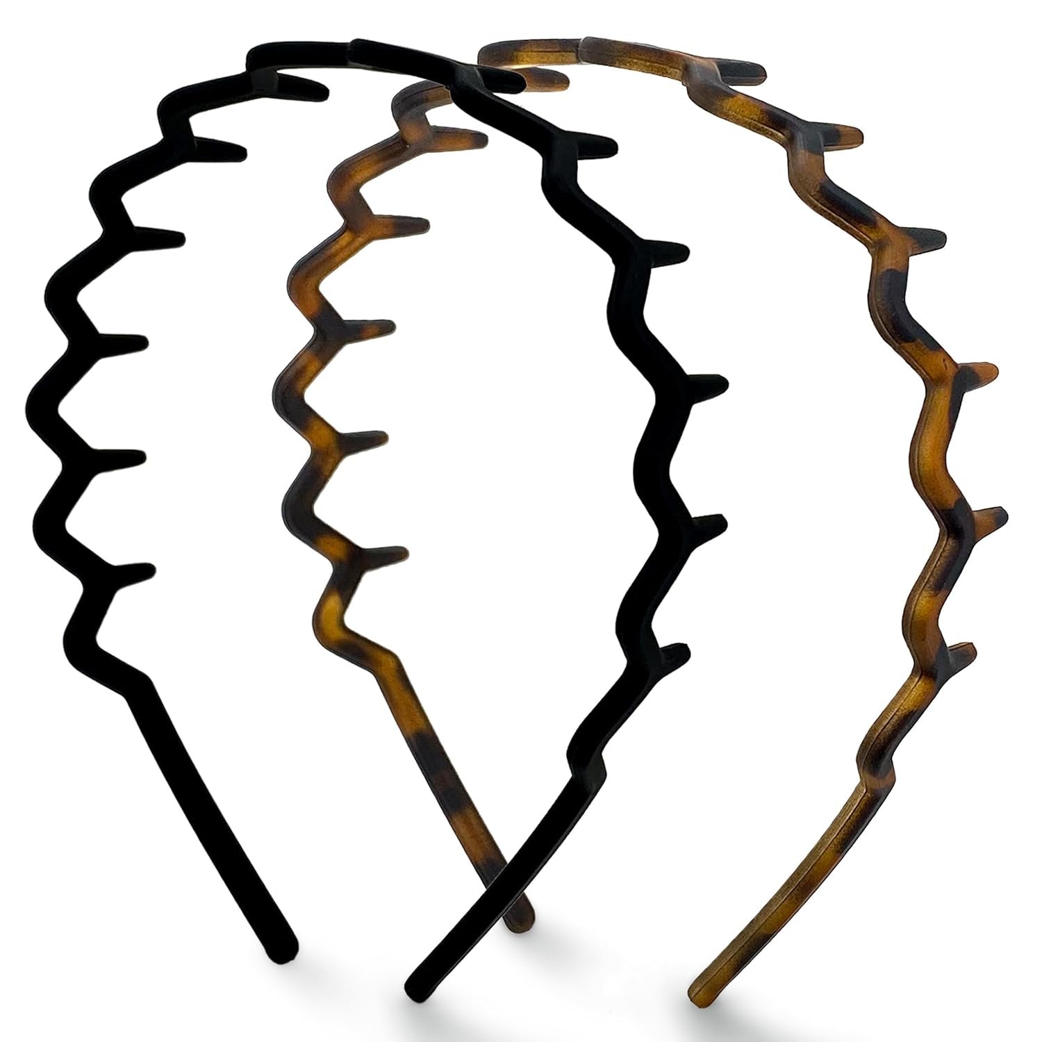 Kitsch Zig Zag Headbands for Women – Black and Tortoise, 2 pcs | Fashion Accessories for Slicked Back Styles | Comfortable Wavy Headbands | Comb Headband with Teeth