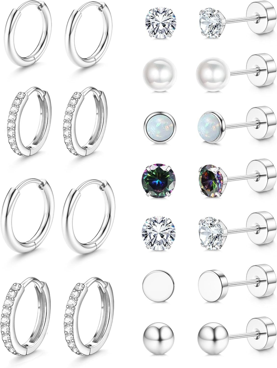 Jstyle Flat Back Earrings for Women Hypoallergenic Earring Studs Hoops | 20G Cartilage Earrings Stacks for Sensitive Ears, Small Huggie Hoops Flat Back Studs, Stainless Steel/Sterling Silver Post