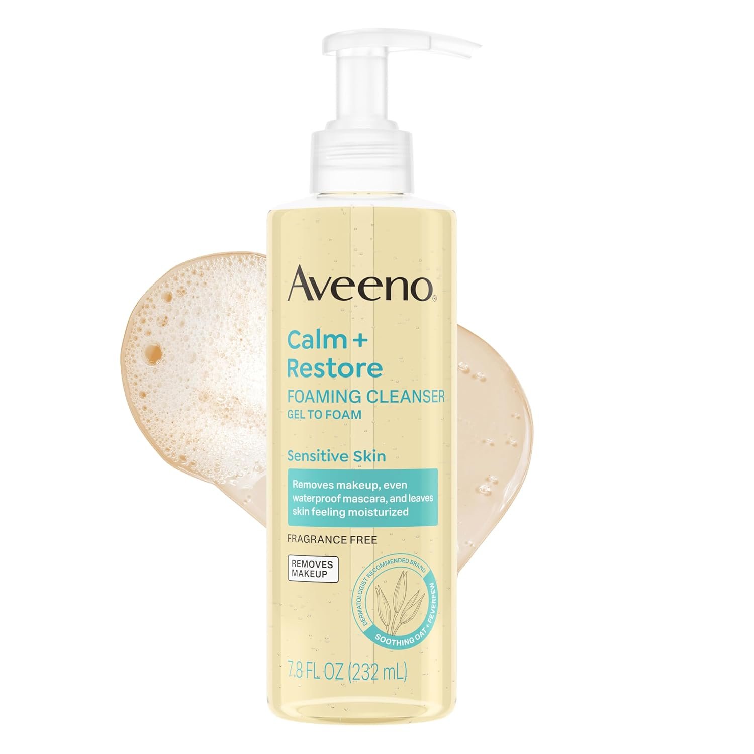 Aveeno Calm + Restore Foaming Cleanser, Daily Face Wash for Sensitive Skin, Gentle Foaming Cleanser Removes Makeup with Soothing Oat, Feverfew & Hyaluronic Acid, Fragrance-Free, 7.8 Fl Oz