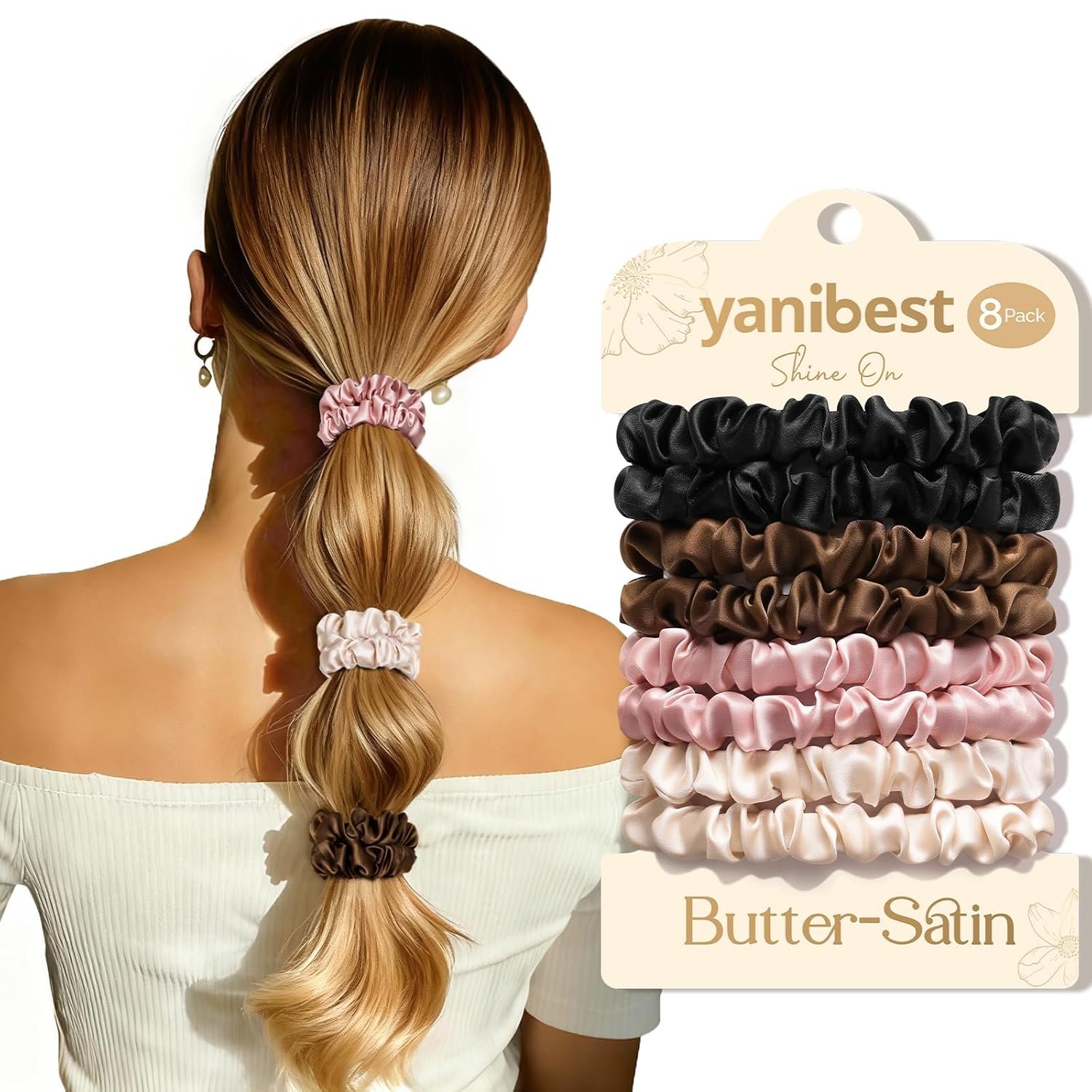 Yanibest 8 Pcs Satin Hair Ties – Hair Scrunchies for Women & Girls, Thin Silk Hair Ties No Damage, Ponytail Holders Gentle on Hair
