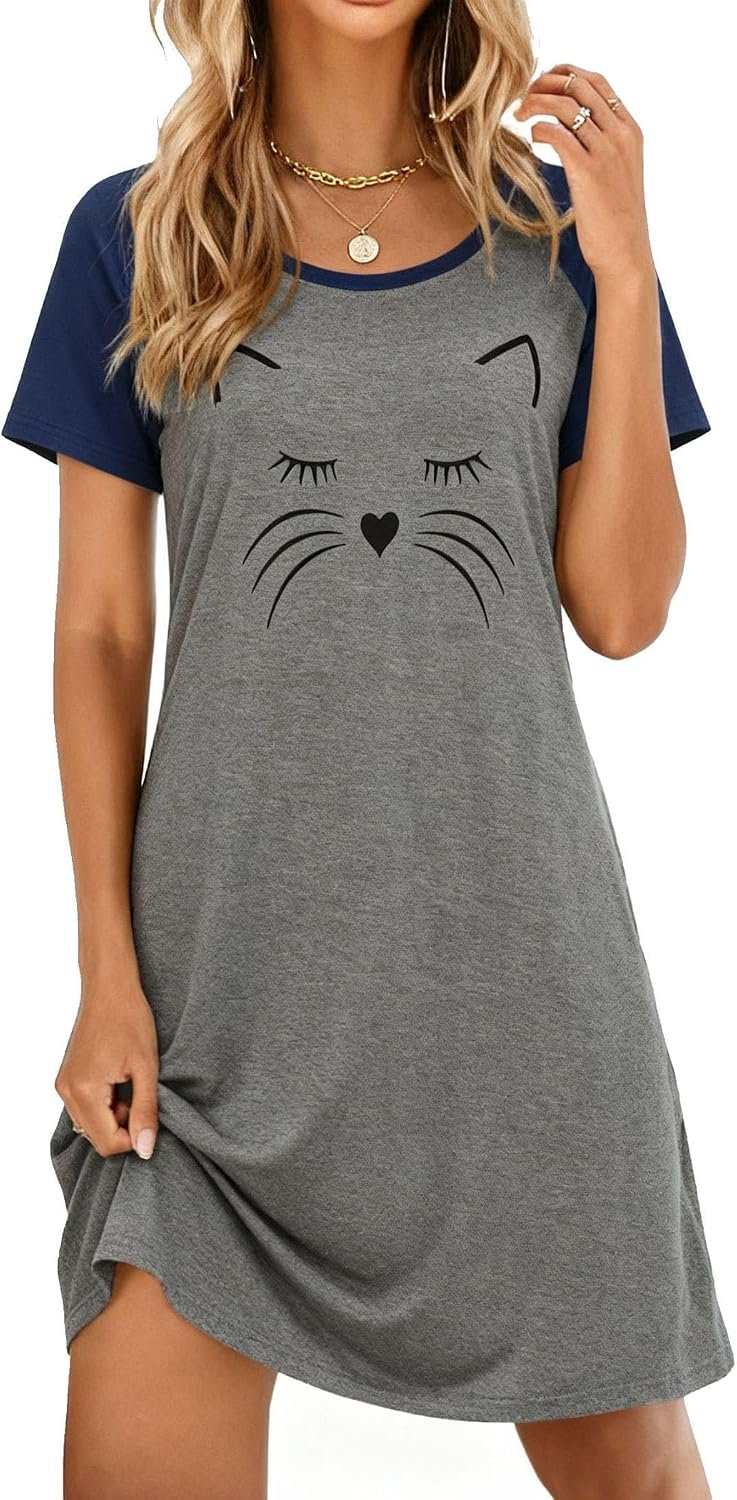 Ekouaer Nightgowns for Women Short Sleeve Night Dress Printed Sleepwear | Crewneck Night Gown Ladies Sleep Shirts Soft Sleepwear Lightweight & Casual Pajama Dress Cute Printed
