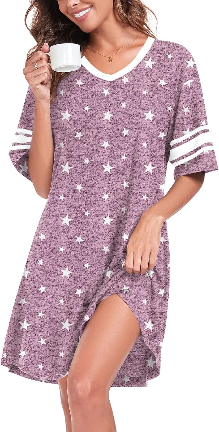 REGAI Women’s Nightgowns Short Sleeve Soft Sleepshirt | Soft & stretchy, V-Neck, relaxed loose fit, lightweight, versatile for sleep, lounge, home, travel, easy care, great gift