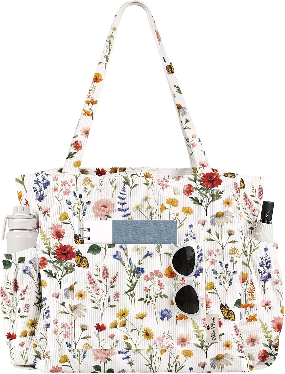 Miss Adola Large Corduroy Tote Bag for Women with Zipper | Zipper Closure, Multi-Pocket Storage, Large Shoulder Bag, Reusable School Tote, Cute Design for Work and Travel