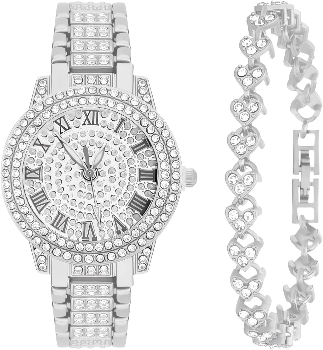 NEWITIN 2 Pieces Women Diamond Watch Bracelet Set Luxury Fashion Jewelry Cubic Zirconia Wristwatch Bracelet Gold Watch Jewelry Set for Women