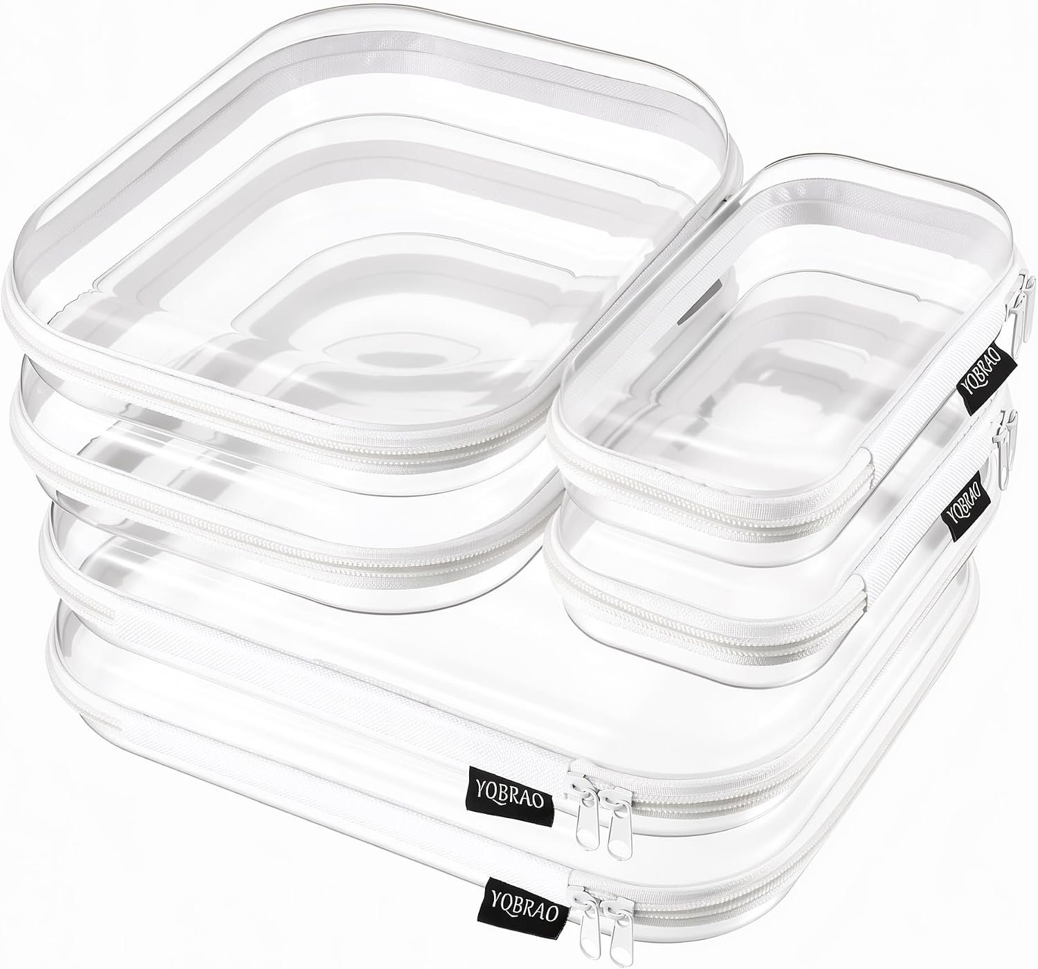YQBRAO Clear Hard Shell Zipper Cases, 6 Multi-Size Organizers, White | Rigid clear shells in three practical sizes organize toiletries, cosmetics, cables, stationery and household essentials