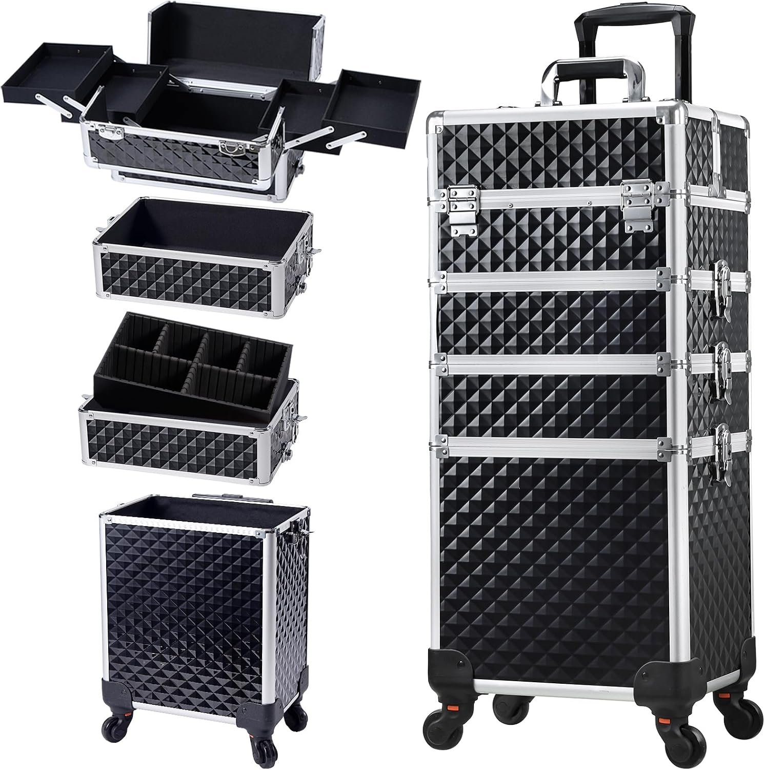 Stagiant Rolling Makeup Case Cosmetology Case on Wheels 4 in 1 Large Cosmetic Organizer Train Case Makeup Travel Case with Key Swivel Wheels Nail Artist Salon Storage Traveling Cart Trunk Black
