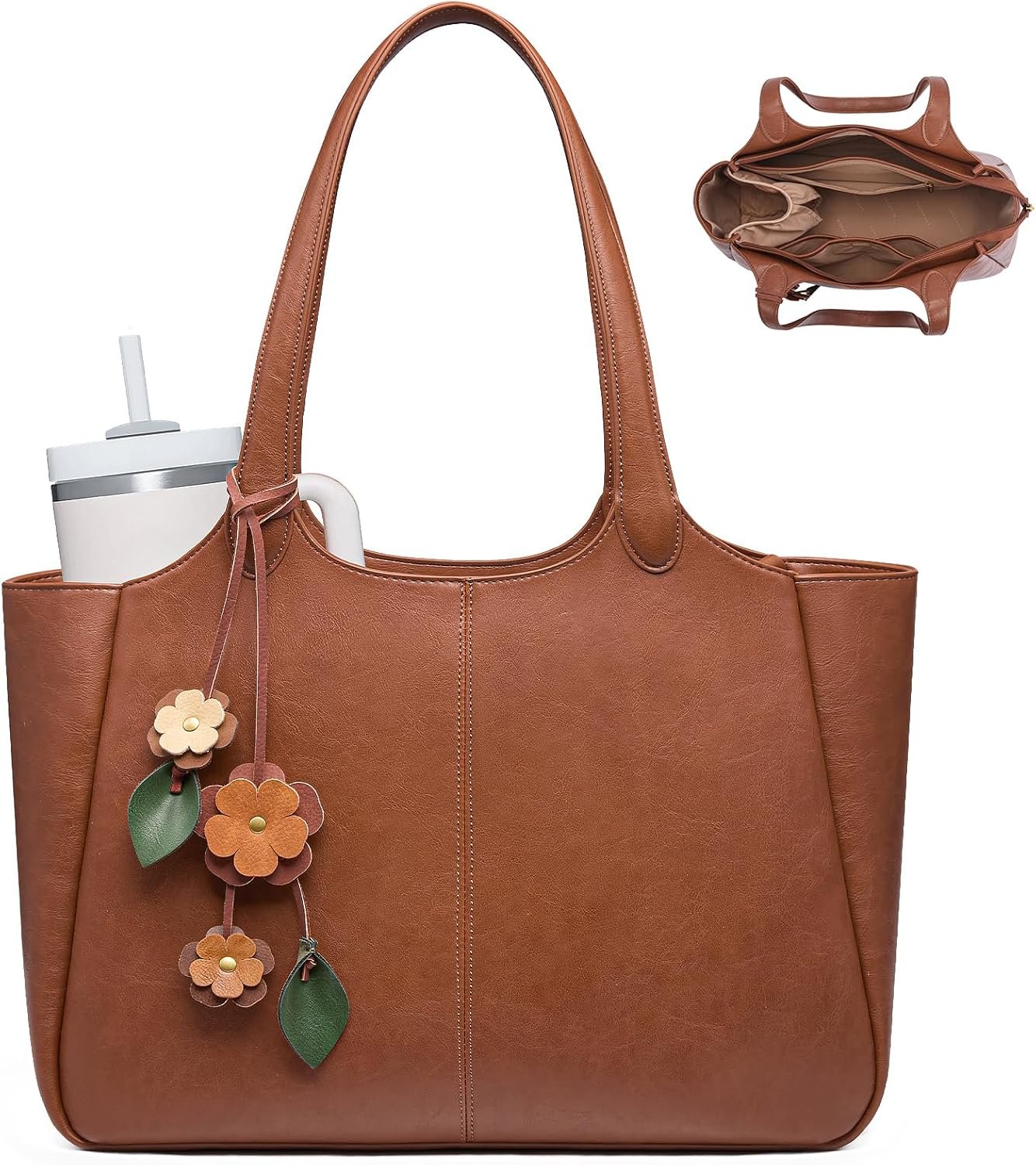 LOVEVOOK Tote Bag for Women, Leather Vintage Work Bag with 40oz Cup Holder,Nurse Teacher Shoulder Bag,Roomy,6 Pockets