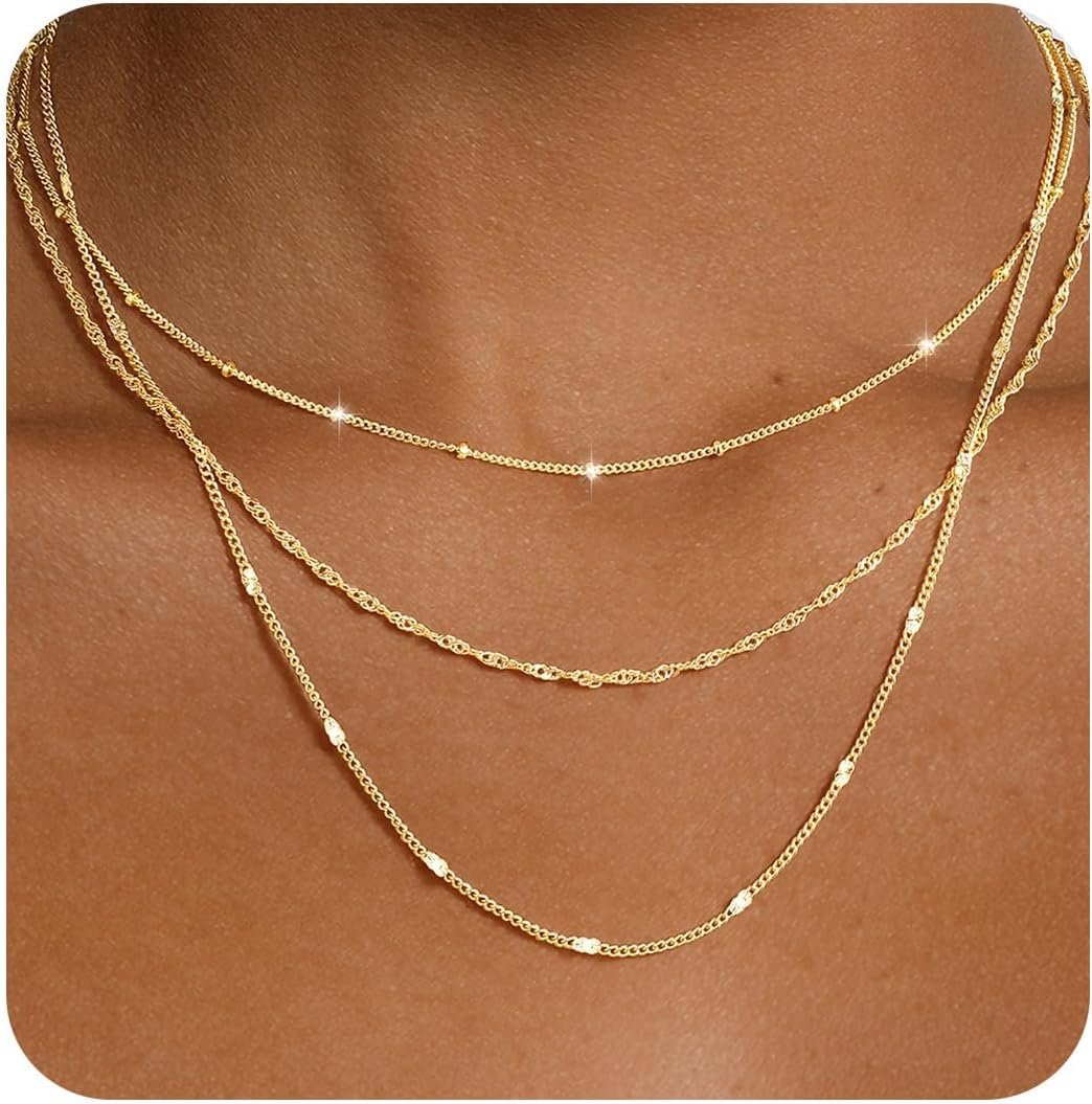 Yoosteel Layered 14k-Gold-Plated Necklace for Women,Necklaces Stack Jewelry | Necklace Stackable,Dainty Thin Chain,Trendy Jewelry Gifts for Women,Shiny CZ Satellite Chain Paperclip Link Box Choker Set