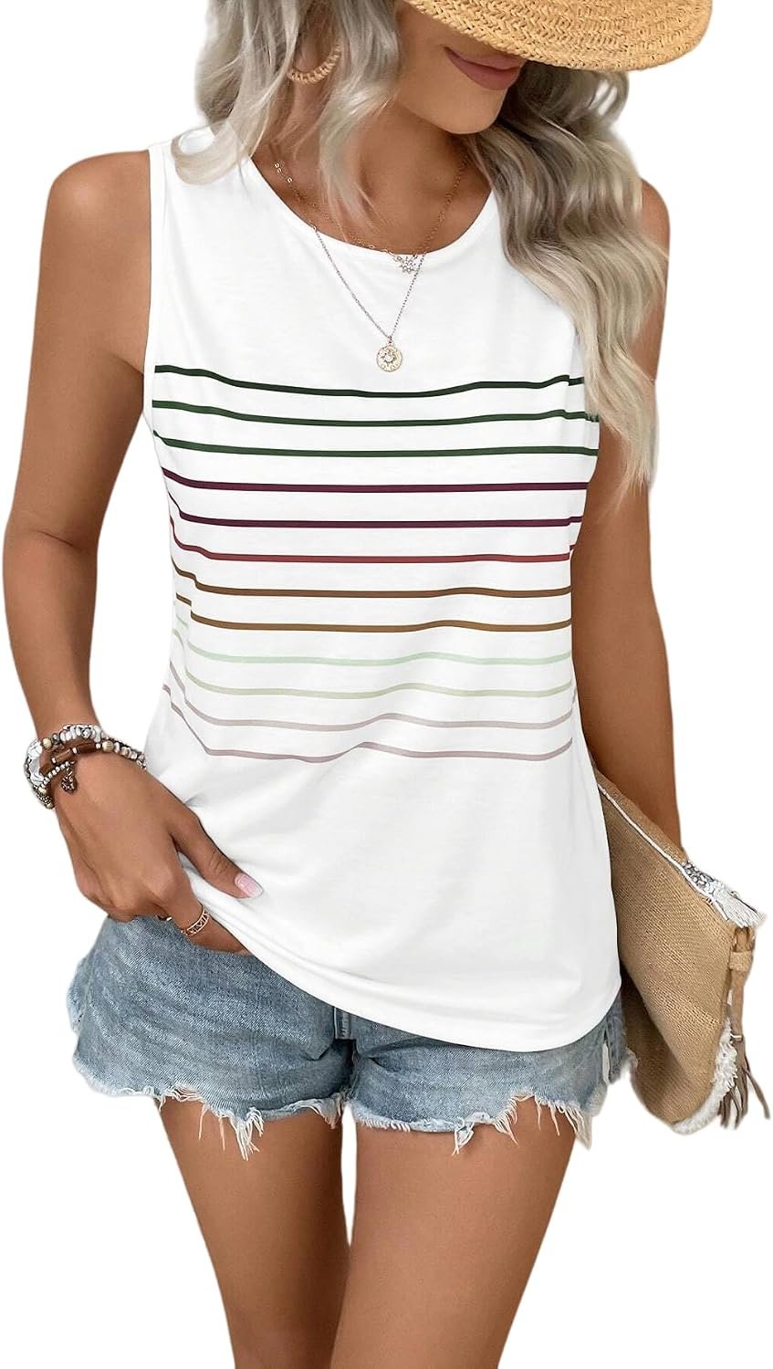 EyMuse Tank Tops for Women Summer Striped Sleeveless Tshirts Casual Clothes | Ladies Tops and Blouses Loose Crewneck Comfortable Shirts 2026 Fashion Beach Vacation Clothes Comfort Colors Tshirt