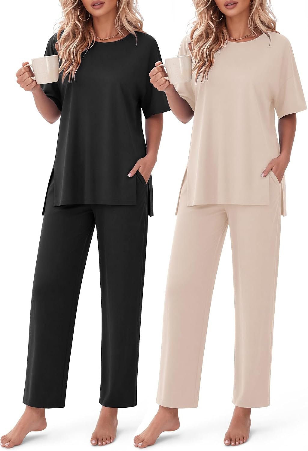 Ekouaer Women’s Lounge Sets Short Sleeve Top Long Pants 2 Piece Outfit Set | Soft Oversized Shirt & Loose Fit Bottom,Casual Loungewear for Travel,Vacation,Airport,Home,Daily Wear,2-Pack