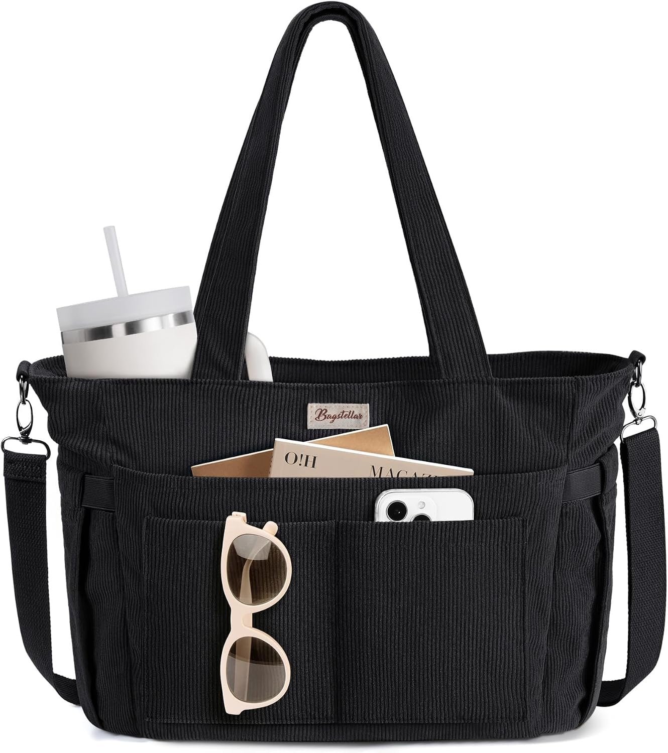 Bagstellar Corduroy Tote Bag for Women, 17 Pockets Laptop Work Tote Bag Lightweight Teacher Nurse Bible Bag for School Travel | with 40oz Cup Holder