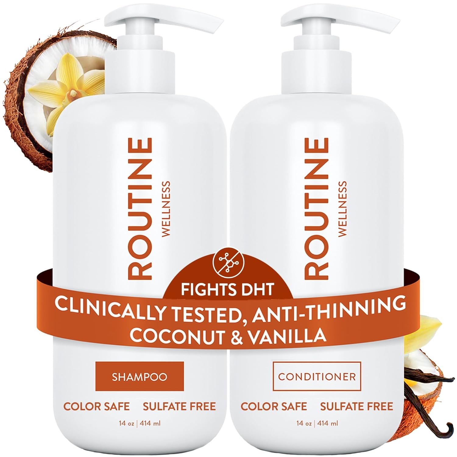 Routine Wellness Anti-Thinning Shampoo & Conditioner – Coconut & Vanilla | Clinically tested shampoo for thinning hair with biotin, pea peptides, saw palmetto oil, color safe, sulfate free