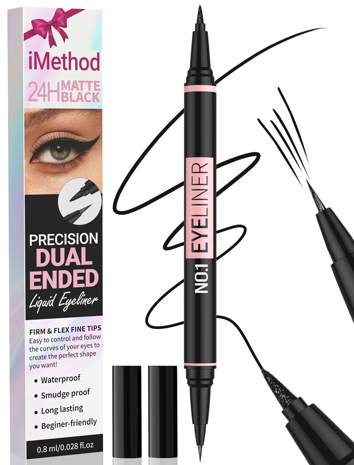 iMethod Liquid Eyeliner, 2-in-1 Dual-Ended Waterproof Eyeliner, Black | Precise Brush-Tip and Thick Tip, Matte Finish, Long Lasting, Smudge-proof, Transfer-proof