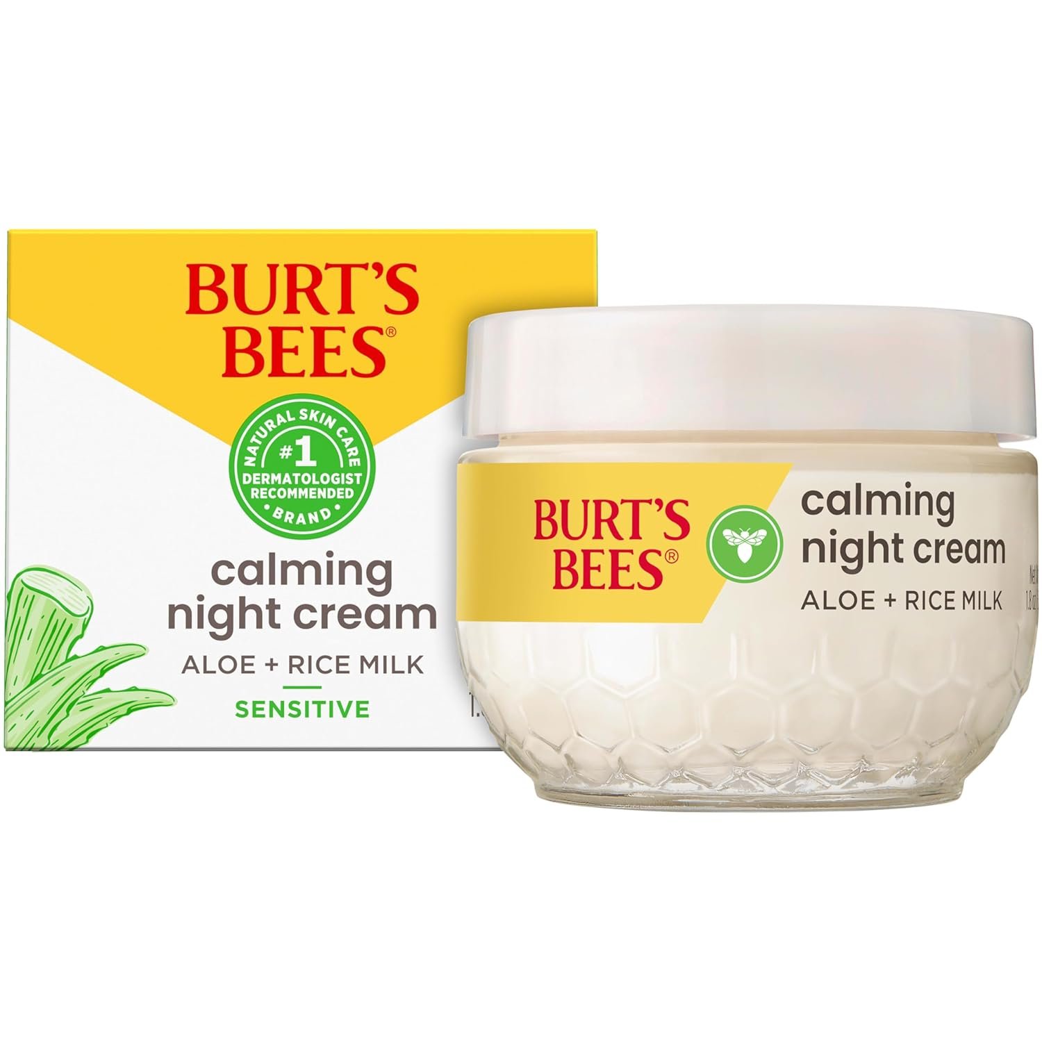 Burt’s Bees Calming Night Cream, With Aloe and Rice Milk, Face Moisturizer For Sensitive Skin Infuses Skin With Moisture While You Sleep, 98.8 Percent Natural Origin, 1.8 oz. Tub