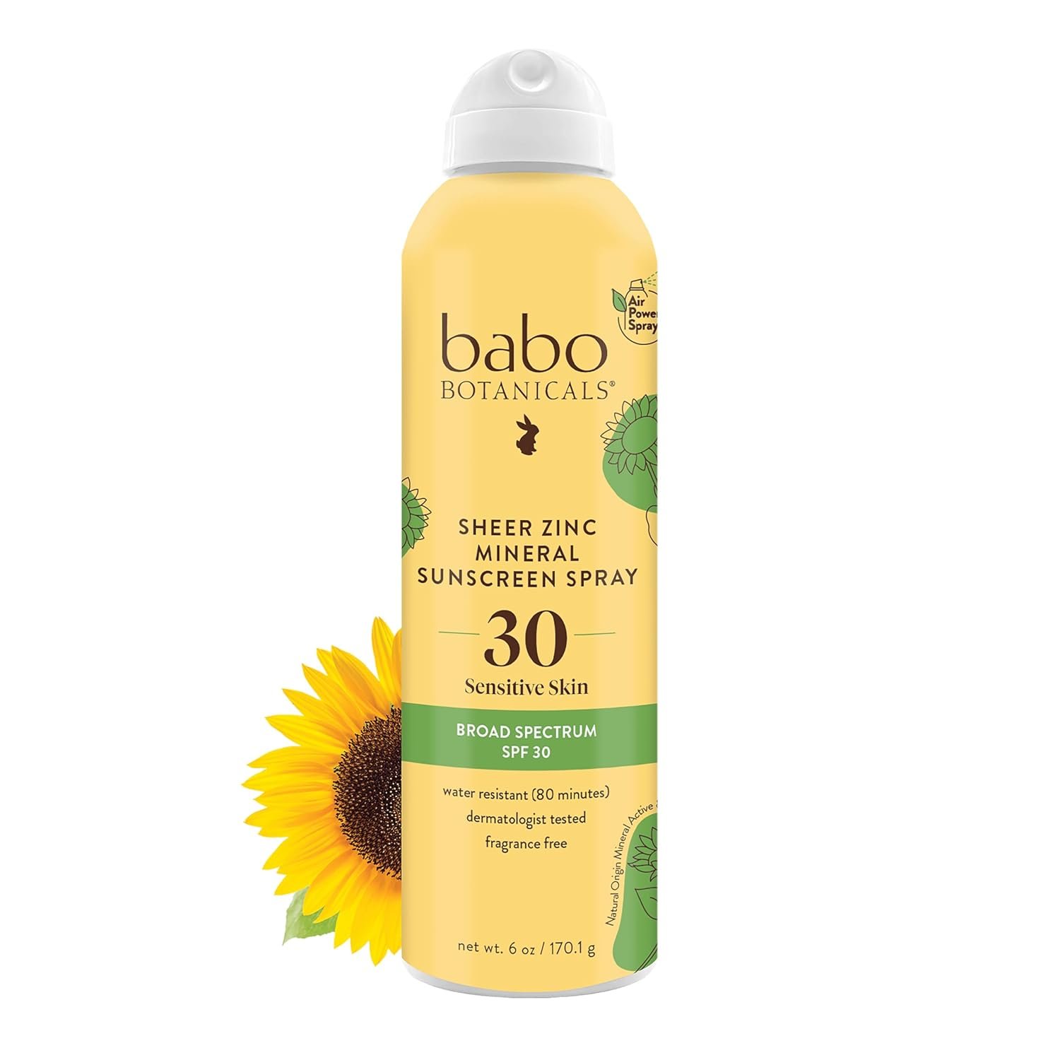 Babo Botanicals Sheer Zinc Continuous Sunscreen Spray SPF30 – Natural Zinc Oxide – Extra Sensitive Skin – Water Resistant – Vegan – Fragrance-Free – Air-Powered Spray – For all ages