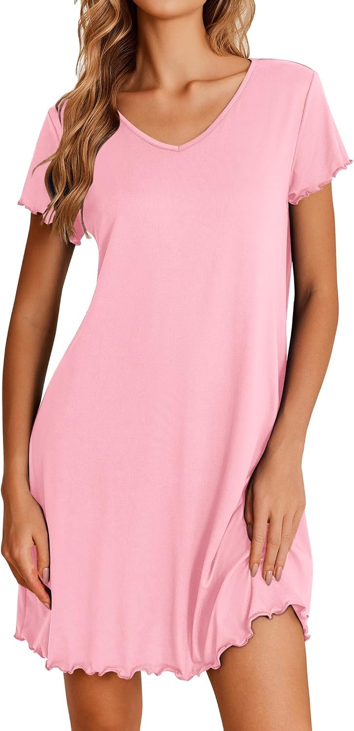 Ekouaer Womens Nightgown Short Sleeve Night Gowns Soft Ruffled Sleep Shirt | Nightgowns for Women,V Neck Sleep Dress,Short Nightgown,Pullover Soft Night Dress,Ruffled Sleepwear,Summer T Shirt Dress