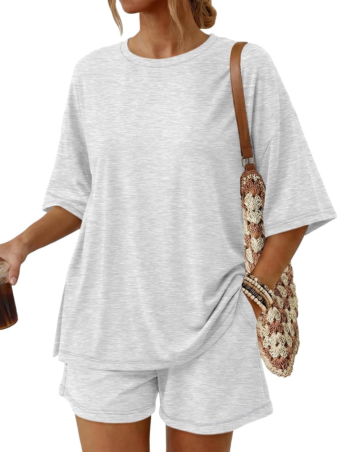 Trendy Queen Women’s 2 Piece Summer Matching Set Lounge Wear with Pockets | Vacation Travel Outfit, Airport Resort Wear, Athleisure Clothing, Oversized Top & Loose Fit Shorts