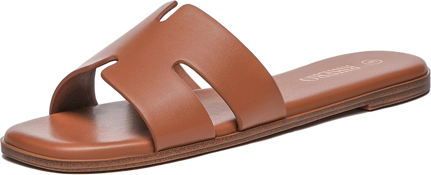Rihero Women’s Dressy Flat Sandals Comfortable Slip On Leather Slide Sandals