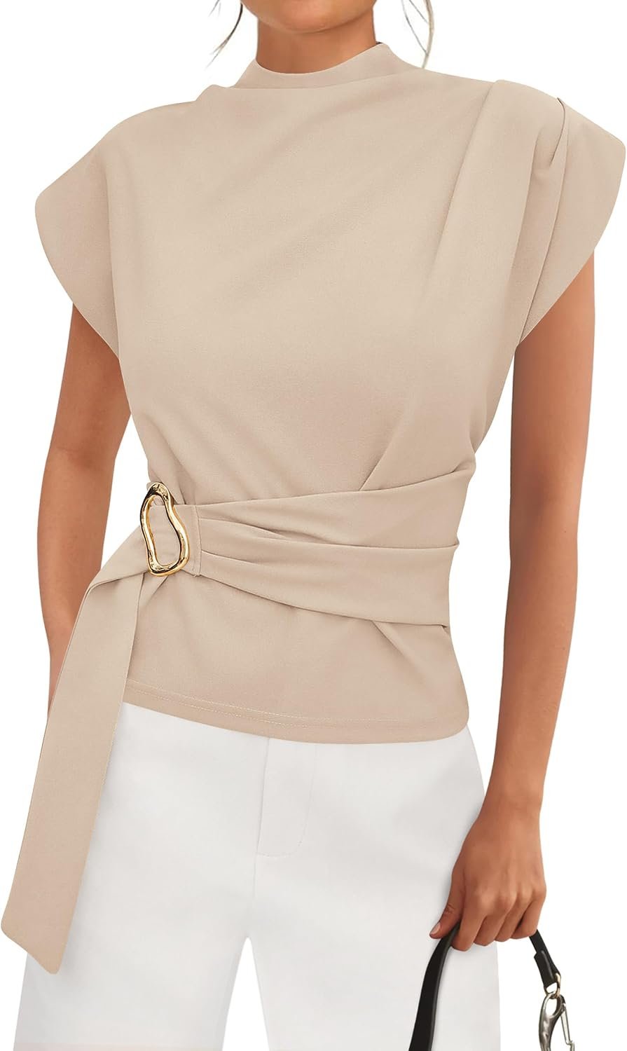 PRETTYGARDEN Women Blouses Summer Business Casual Tops | Fall Dressy Cap Sleeve Mock Neck Work Shirts,Casual Buckle Belted Tunic Top,Spring Back Zipper Formal Office Blouse