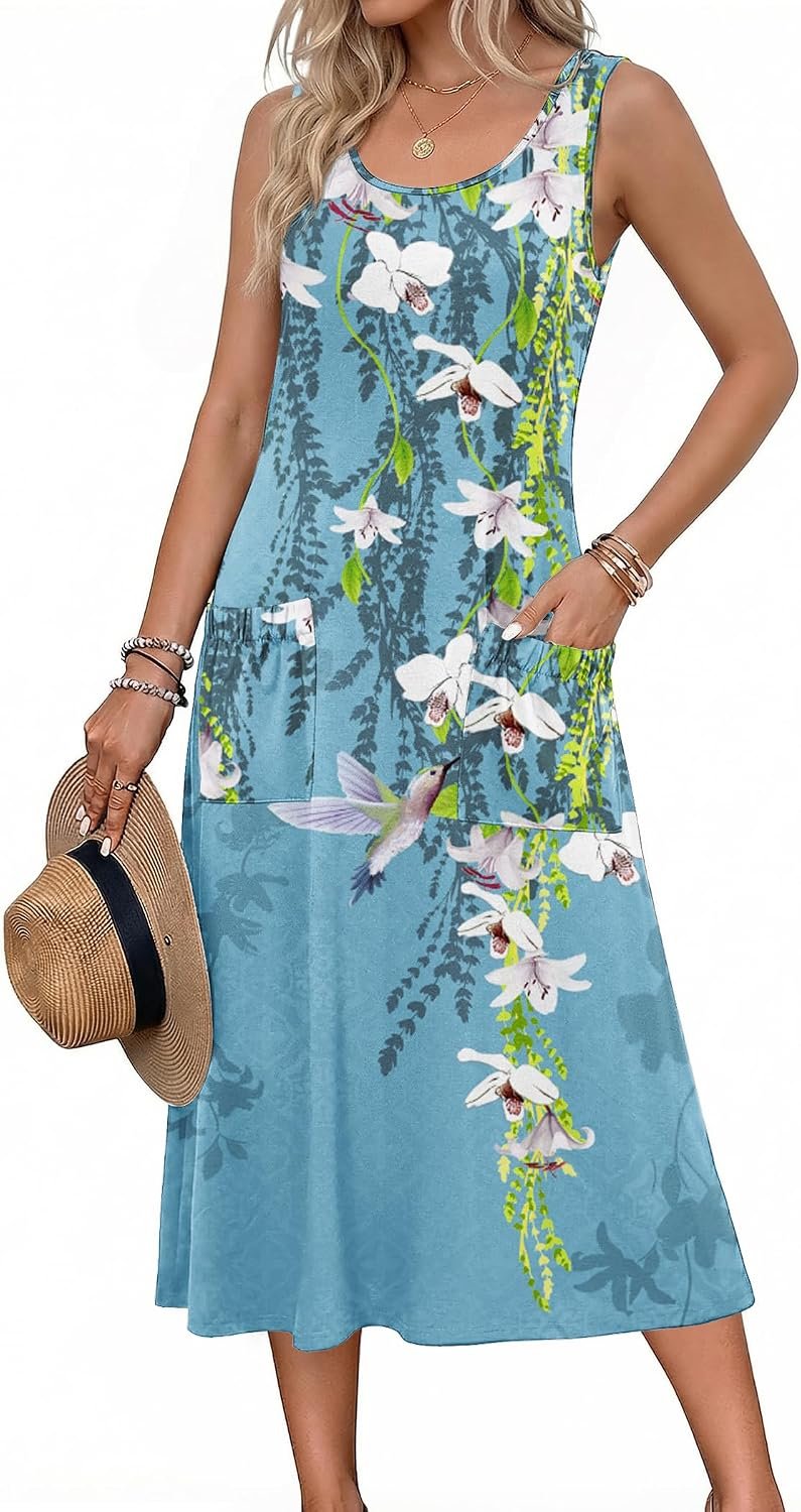 Zeagoo Womens Summer Midi Dresses 2026 Casual Sleeveless Tank Sundresses A Line Crewneck Beach Vacation Dress with Pockets