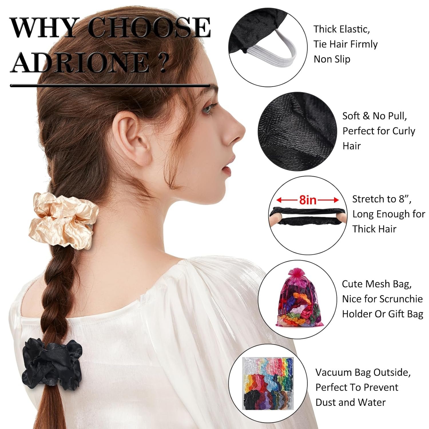 ADRIONE Satin Scrunchies for Women & Girls – 60 Pack Silk Scrunchies for Curly Hair