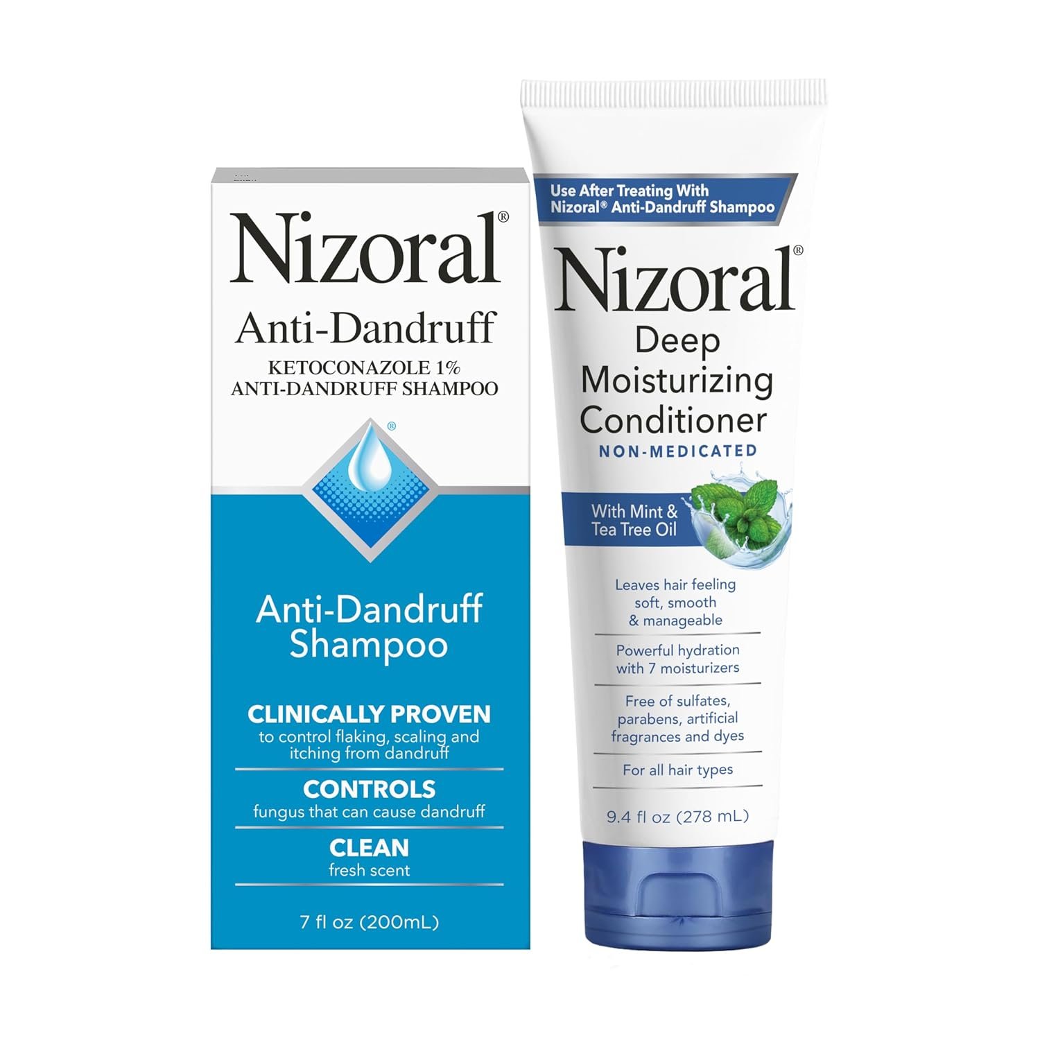 Nizoral 7 Oz Shampoo + 9.4 Oz Conditioner Bundle | 1% Ketoconazole, Antifungal, Dandruff Shampoo, and Deep Moisturizing Conditioner, Mint and Tea Tree Oil