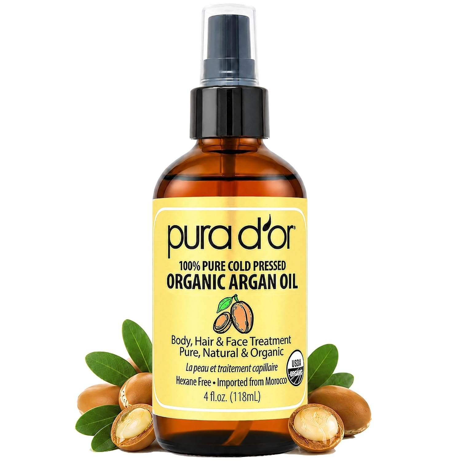 PURA D’OR ORGANIC Moroccan Argan Oil Pure Cold-Pressed Hair & Skin, 4oz