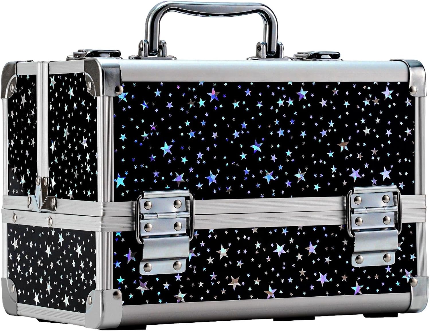 Leeora&Leekoo Makeup Train Case Cosmetic Box Portable Makeup Case Organizer 2 Trays Makeup Storage for Cosmetologist Aesthetic Supplies Nail Tech Traveling Makeup Box (Flashing Star)