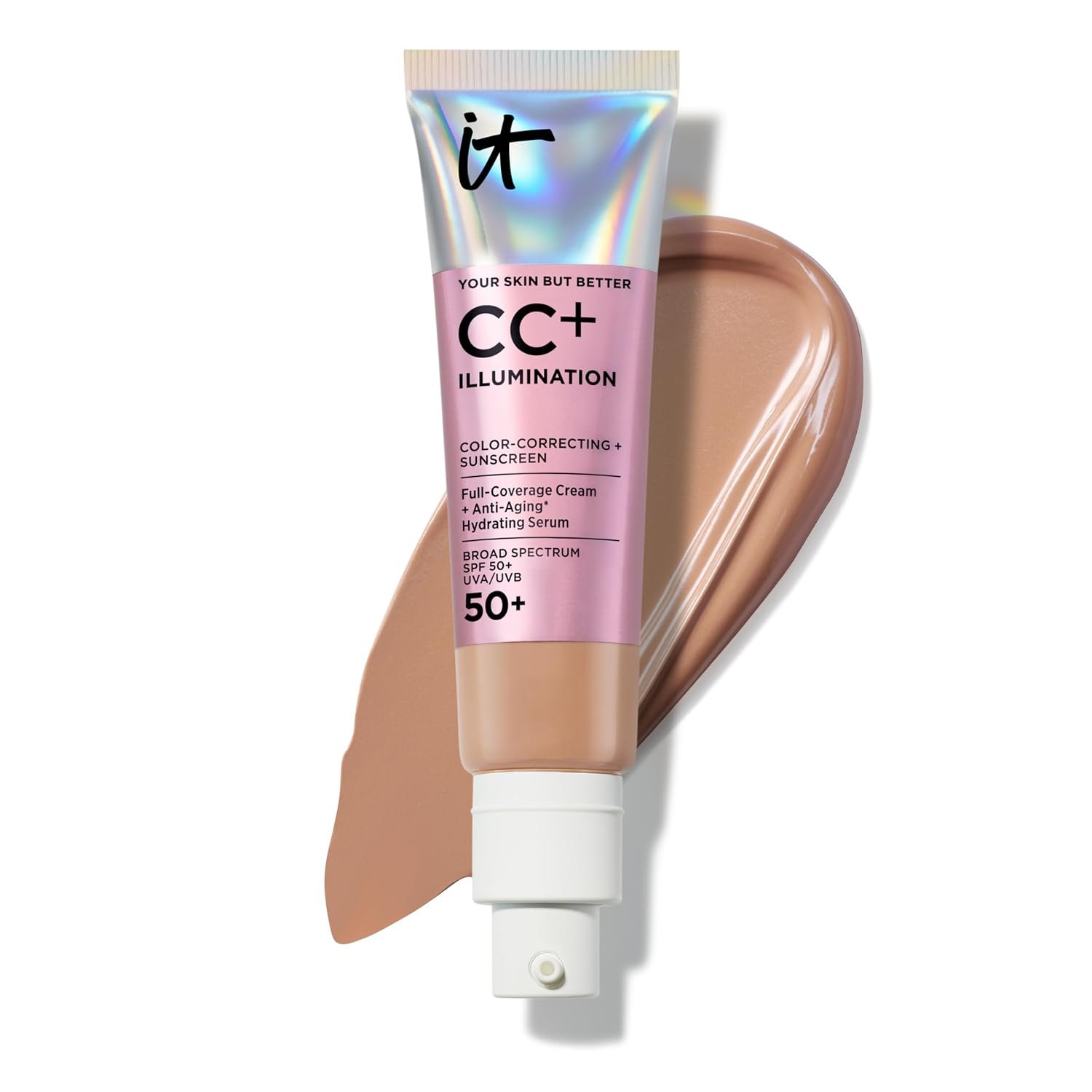 IT Cosmetics CC+ Cream Illumination SPF 50+ – Radiant Full Coverage Foundation Color Corrector, Hydrating Anti-Aging Serum, Hydrolyzed Collagen + Peptides, Normal to Dry & Mature Skin – 1.08 fl oz