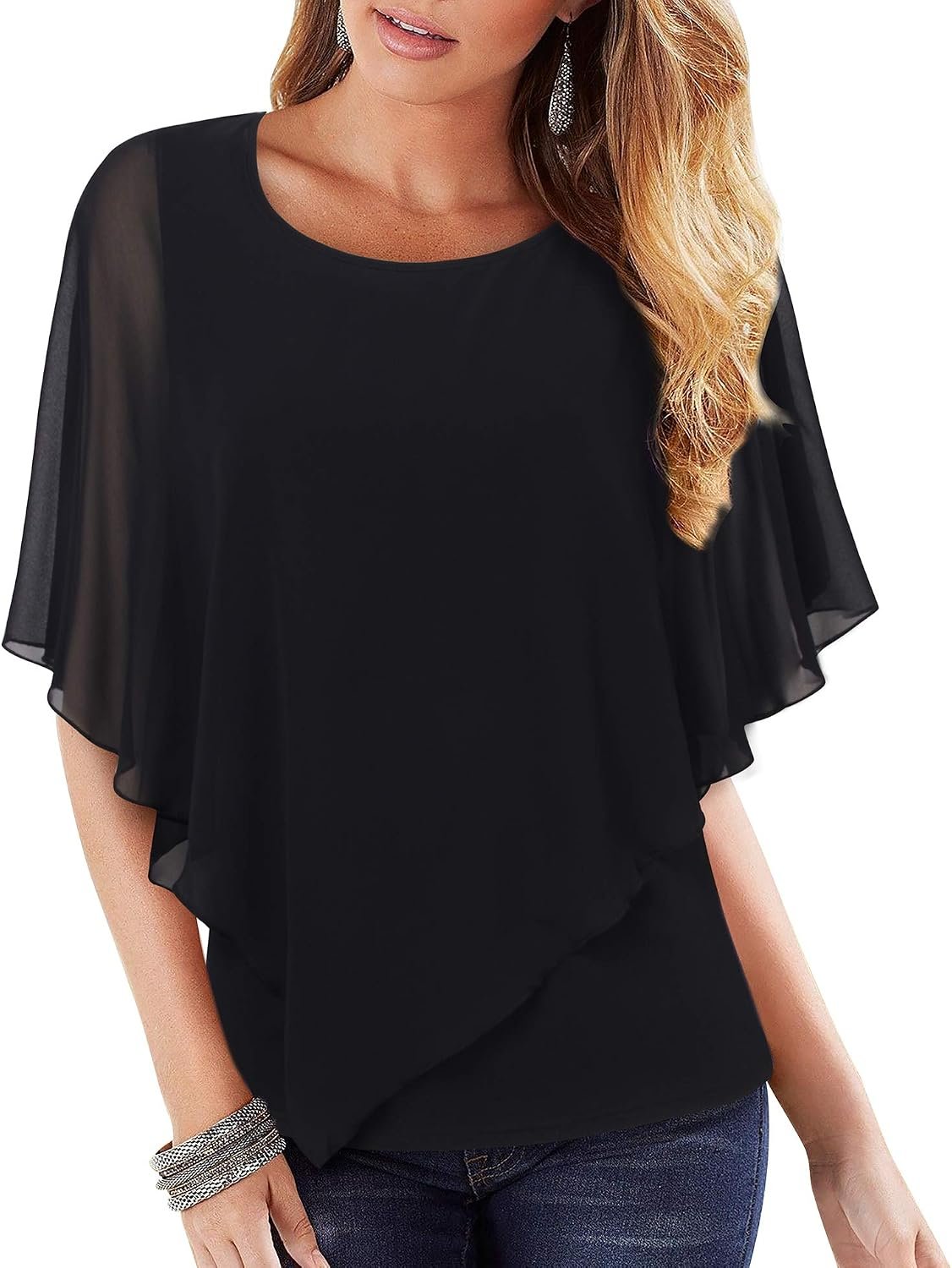 Lotusmile Womens Dressy Tops Poncho Chiffon Blouses | Asymmetrical Lightweight Flowy Shirt M-3XL