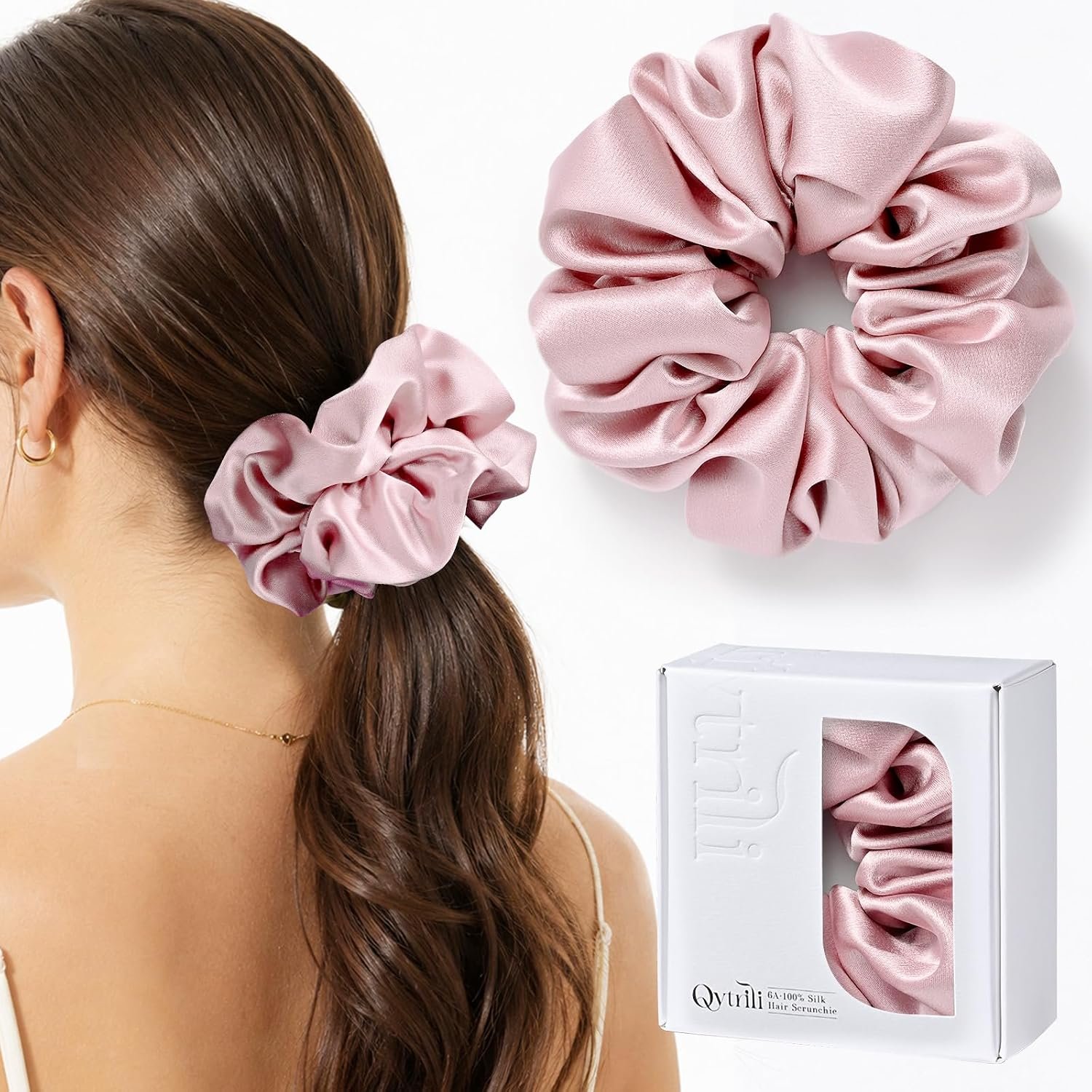 Silk Scrunchie 2 Inch Wide, 30 Momme 6A Mulberry Silk Hair Tie, No Crease Hair Scrunchies for Thick Curly Wavy Hair, Gentle Silk Hair Ties for Women, Gift Ready (Dusty Pink)